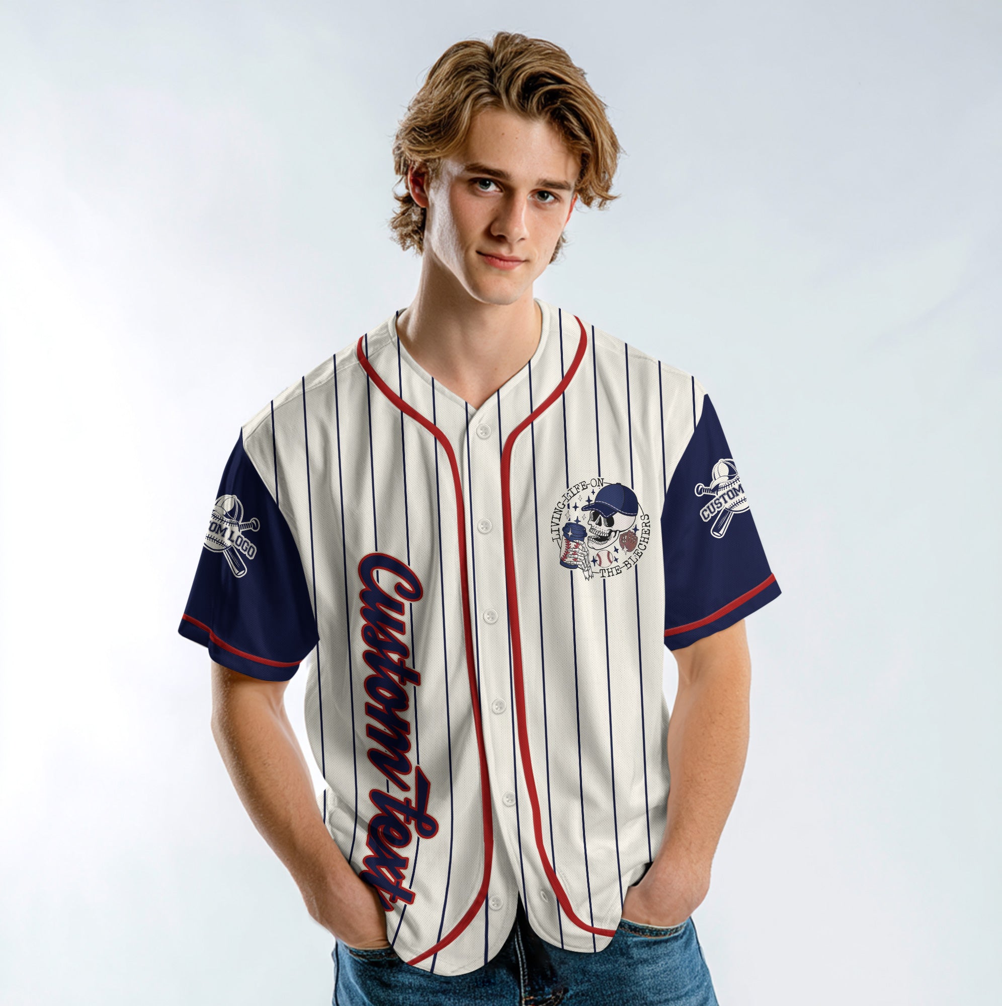 Living Life on the Blechers  - Custom Baseball Jersey - Custom name, number - Baseball Lover -  Cream Navy Pinstripe