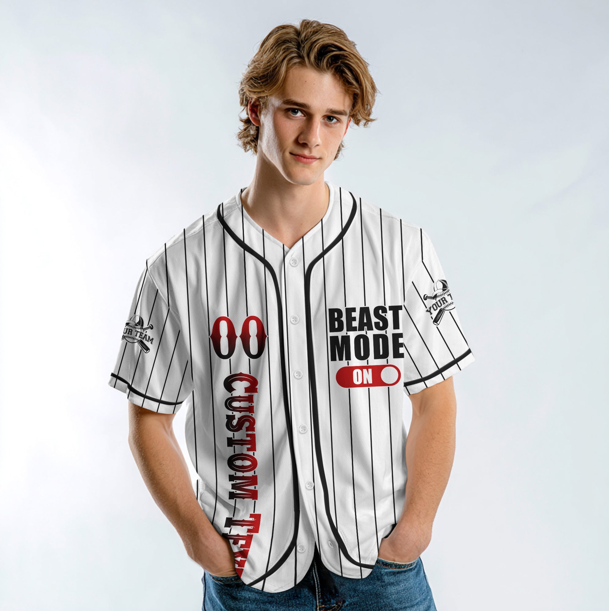 BEAST MODE - Custom White with Black Stripes Baseball Jersey