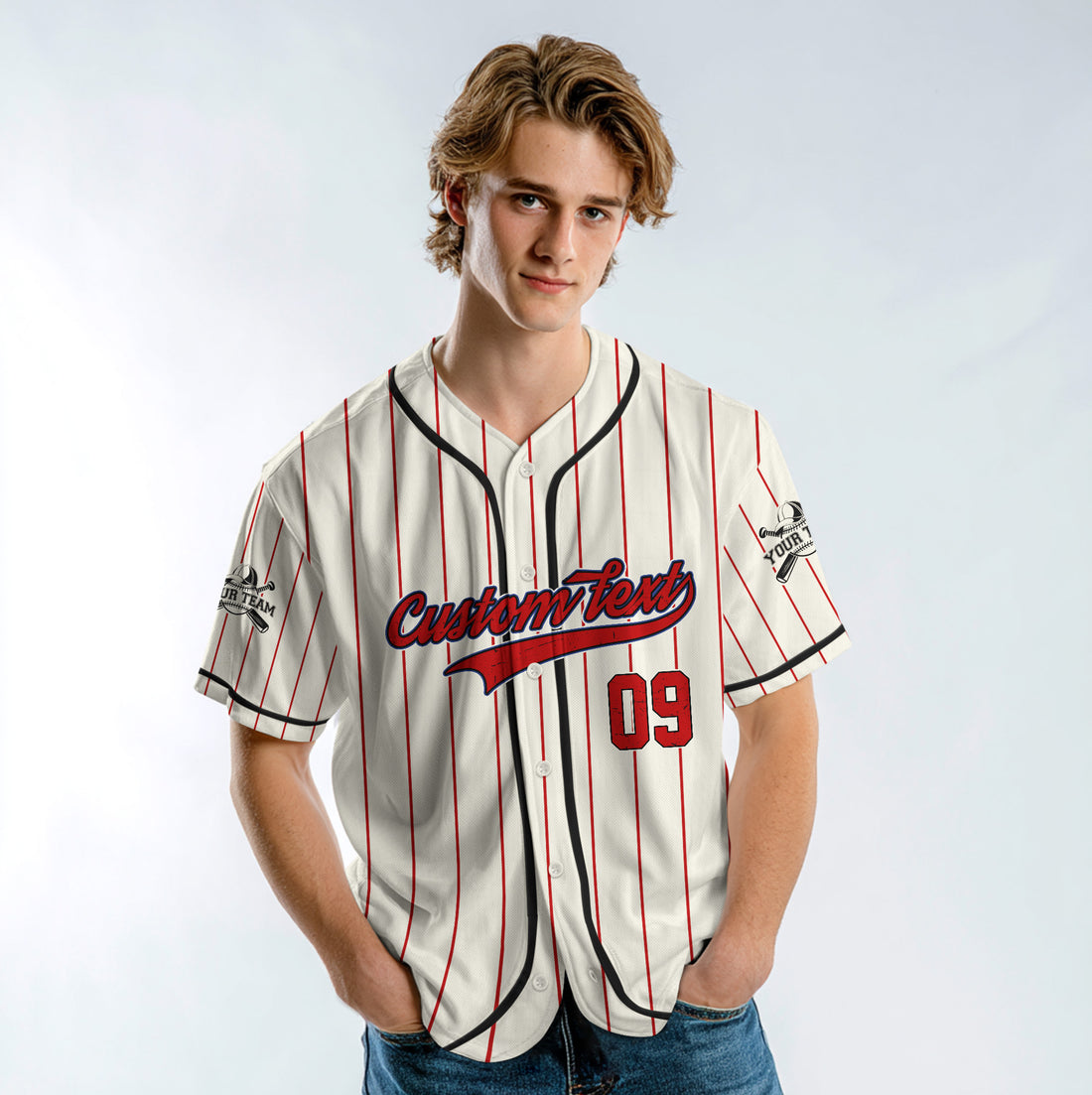 Whatever You Say Blue - Custom Cream with Red Stripes Baseball Jersey