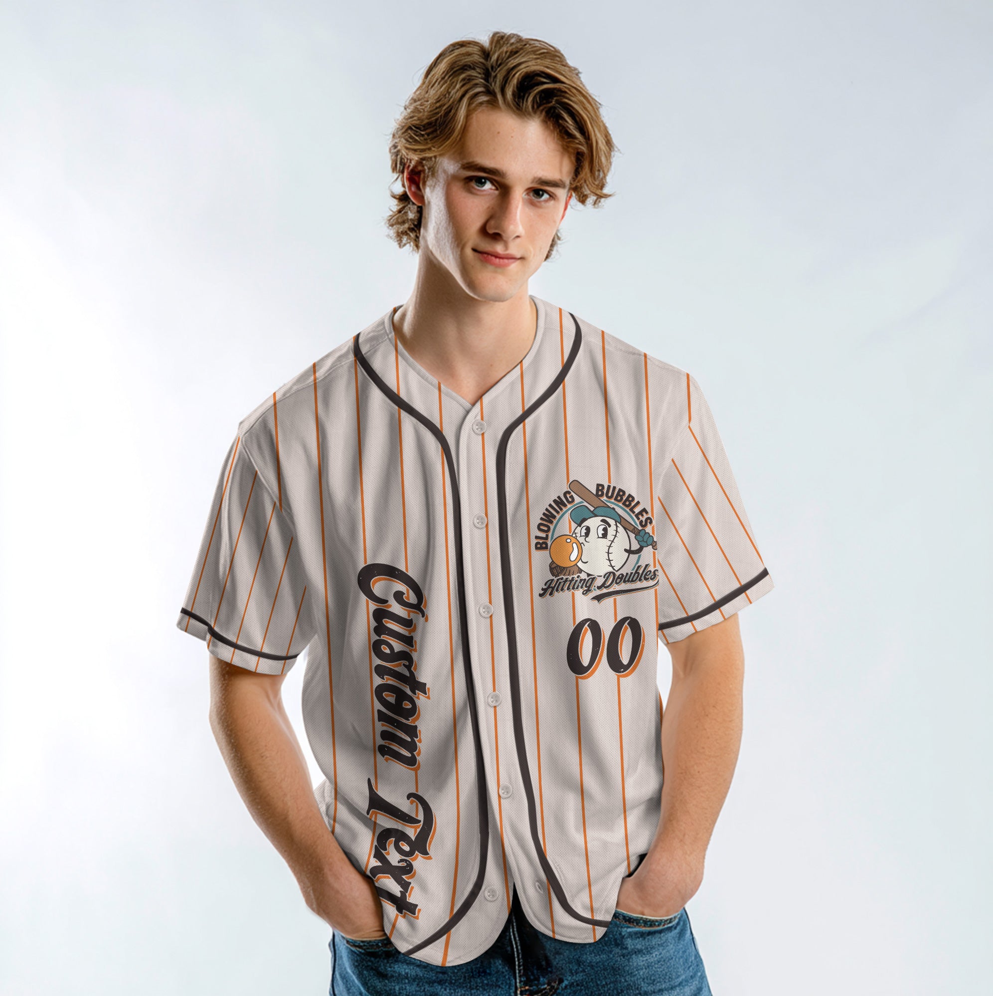 Blowing Bubbles Hitting Doubles - Custom Orange Stripes Baseball Jersey
