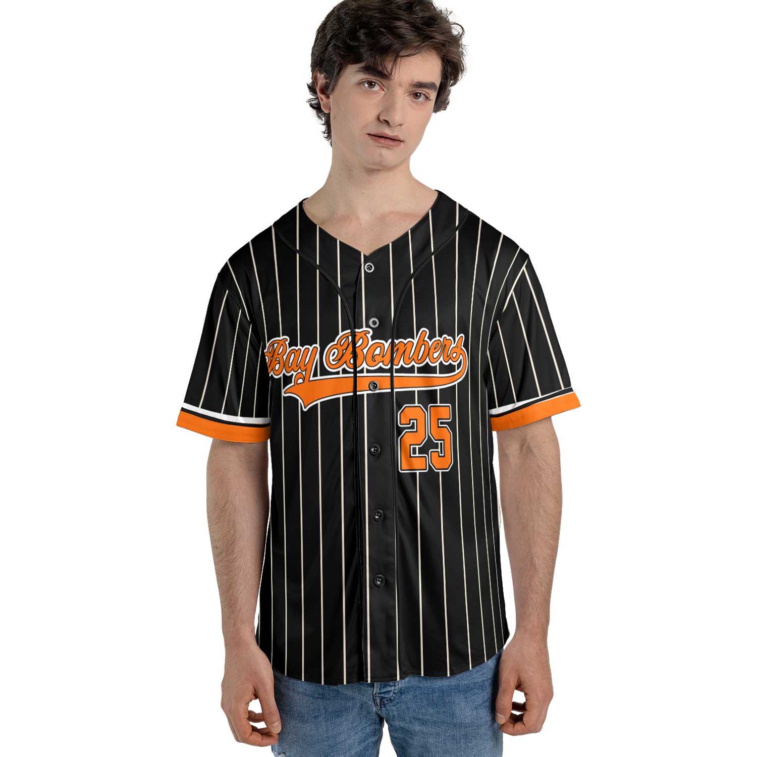 Custom Black Pinstripe Baseball Jersey – Orange Trim & Vintage Team Script