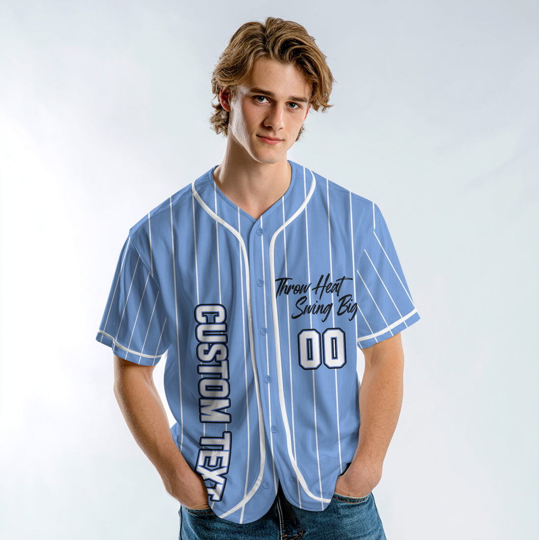 Throw Heat Swing Big - Custom Light Blue with White Stripes Baseball Jersey