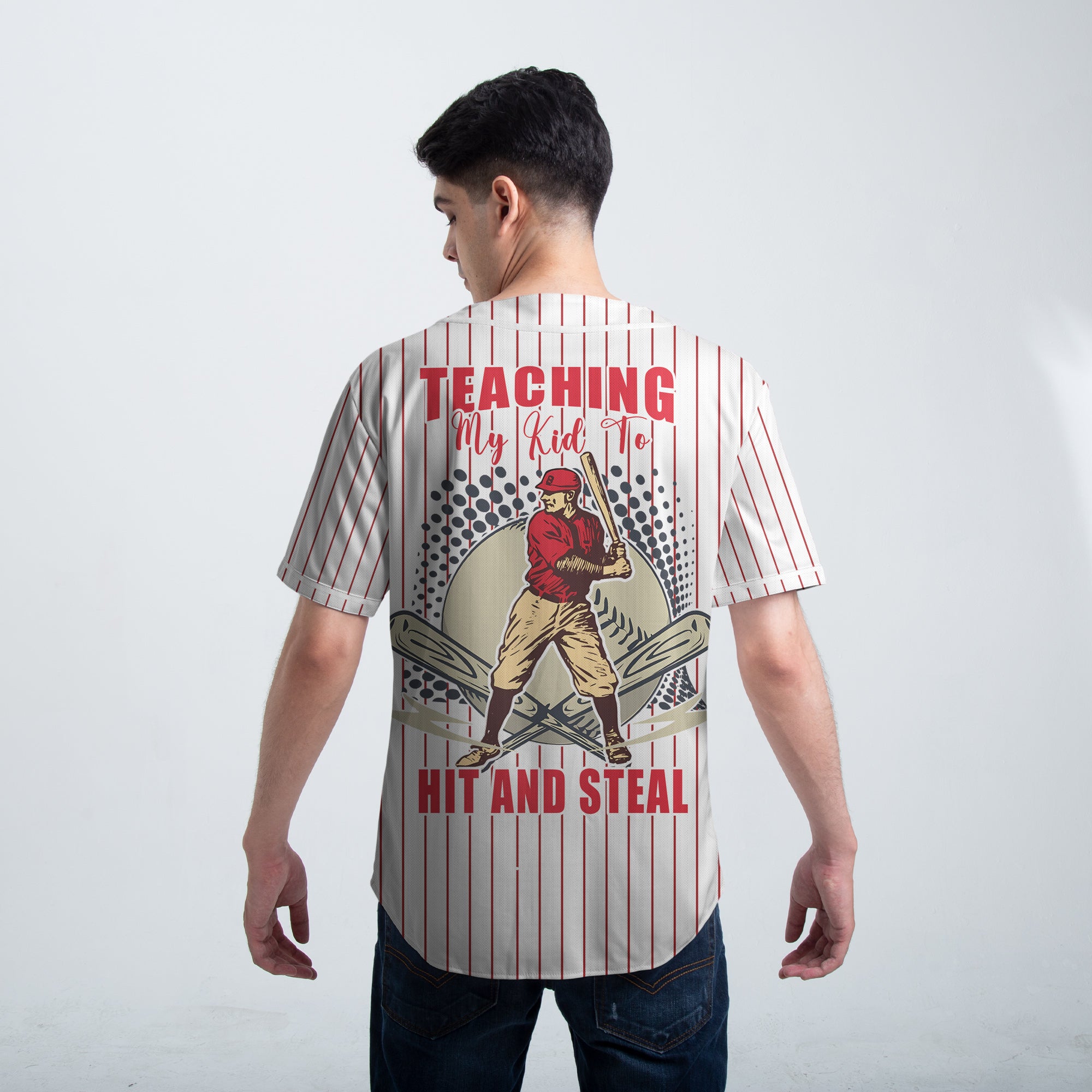 Teaching My Kid To Hit And Steal - Custom White and Red Striped Baseball Jersey