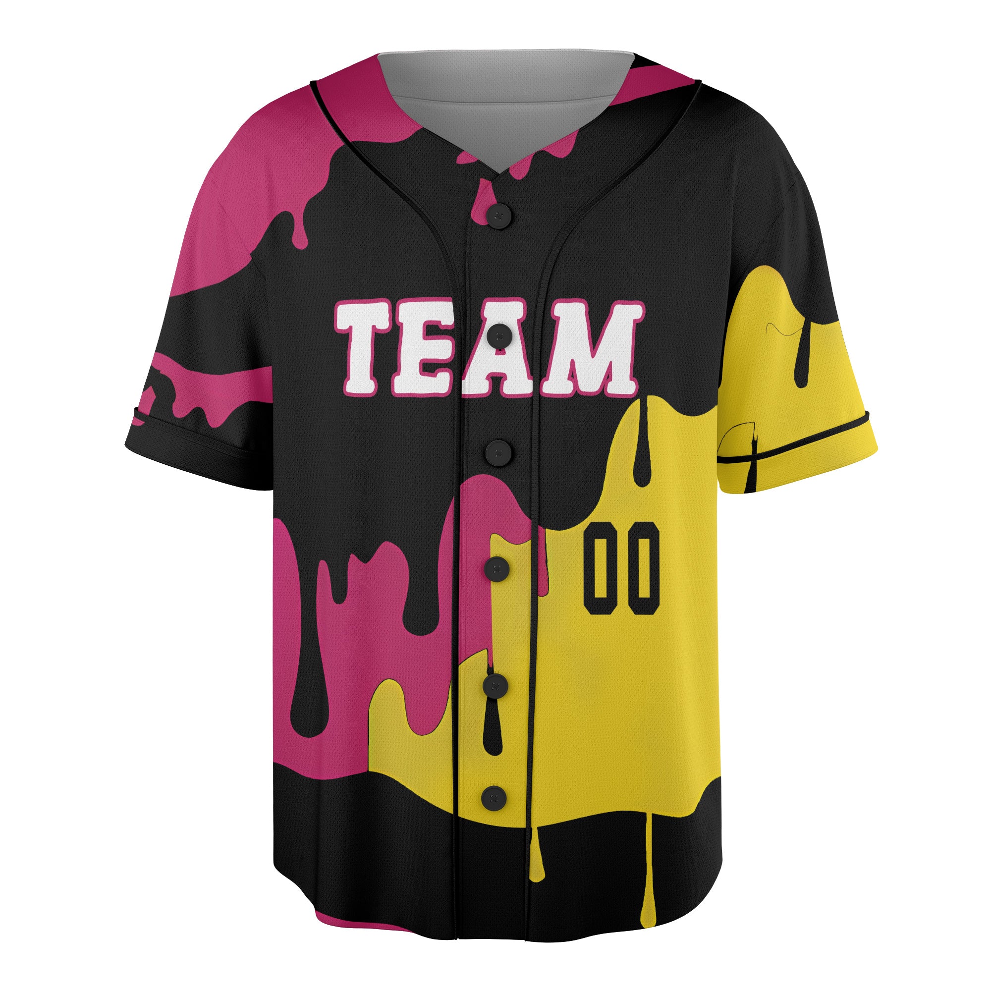 Custom Drip Art Baseball Jersey in Neon Yellow and Magenta on Black