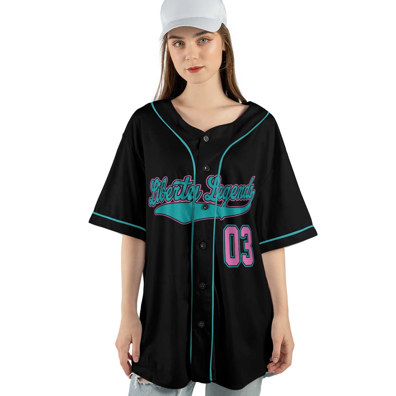 Liberty Legends Custom Baseball Jersey – Black Retro Style with Teal & Pink Trim