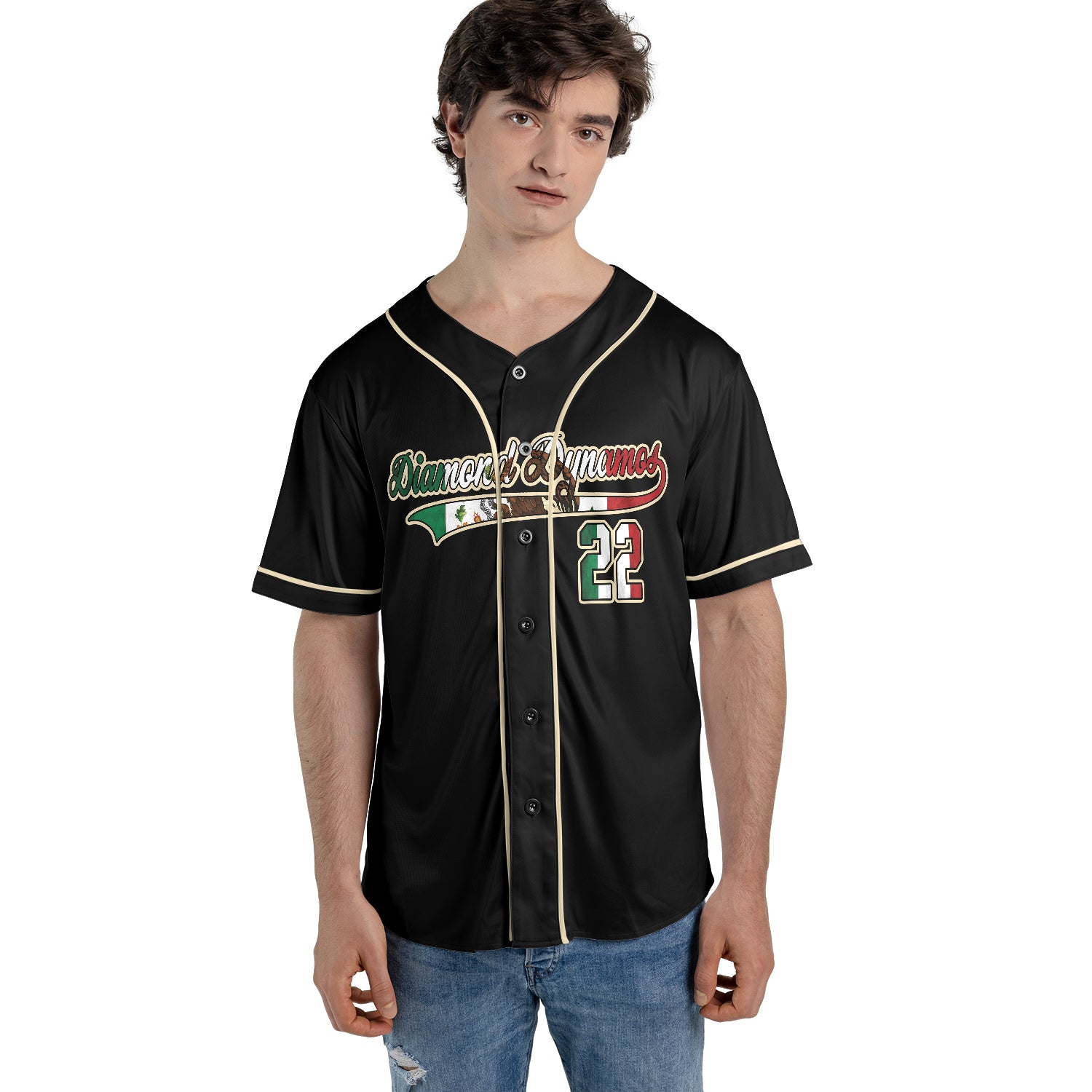 Custom Black Cream Baseball Jersey – Mexican Flag Number Detail, 3D Heritage Design