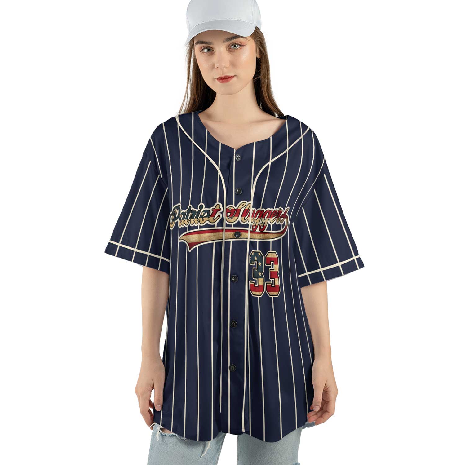 Personalized Navy Pinstripe Baseball Jersey – Vintage Style with USA Flag Number & Custom Name