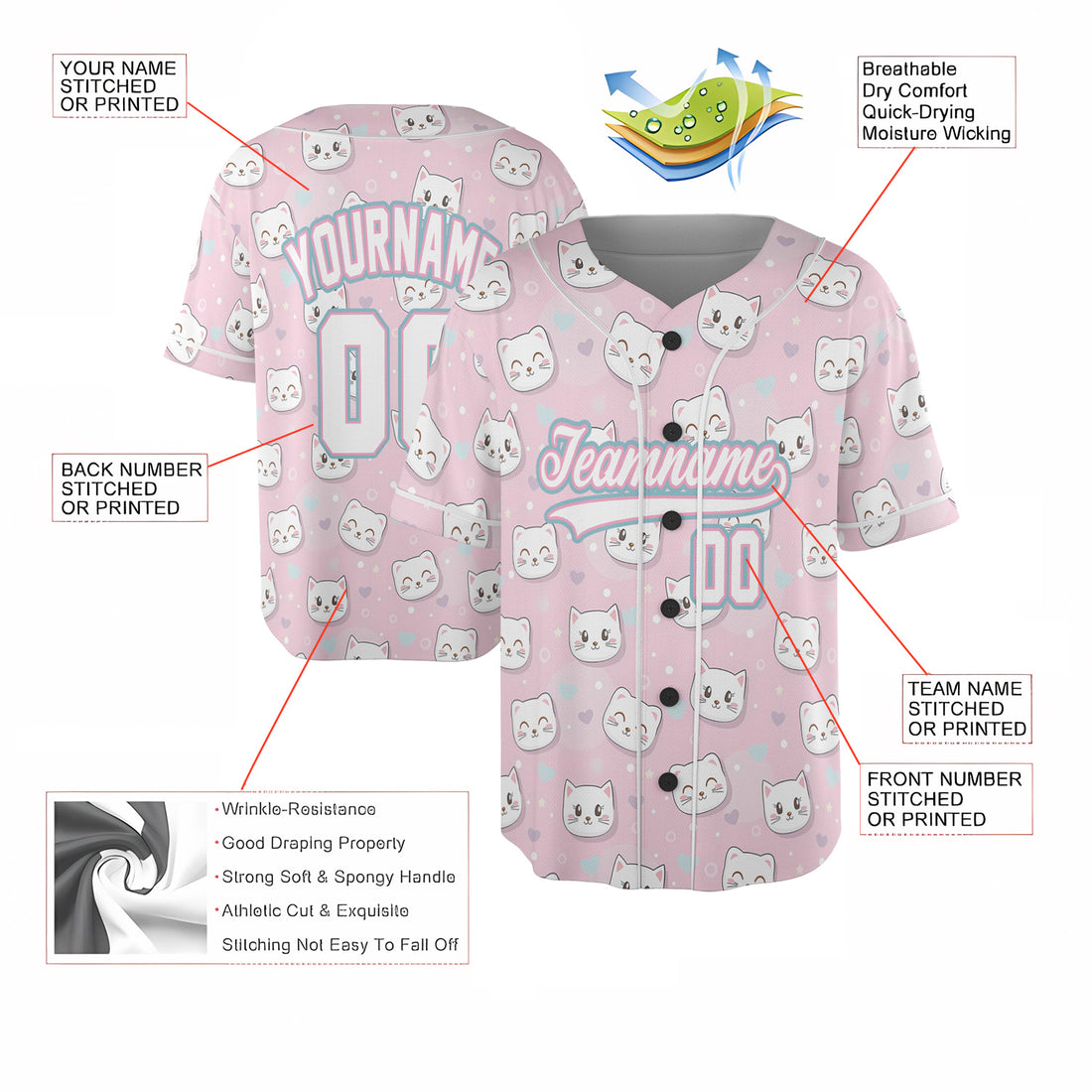 Custom Baseball Jersey – Pink Cat Pattern
