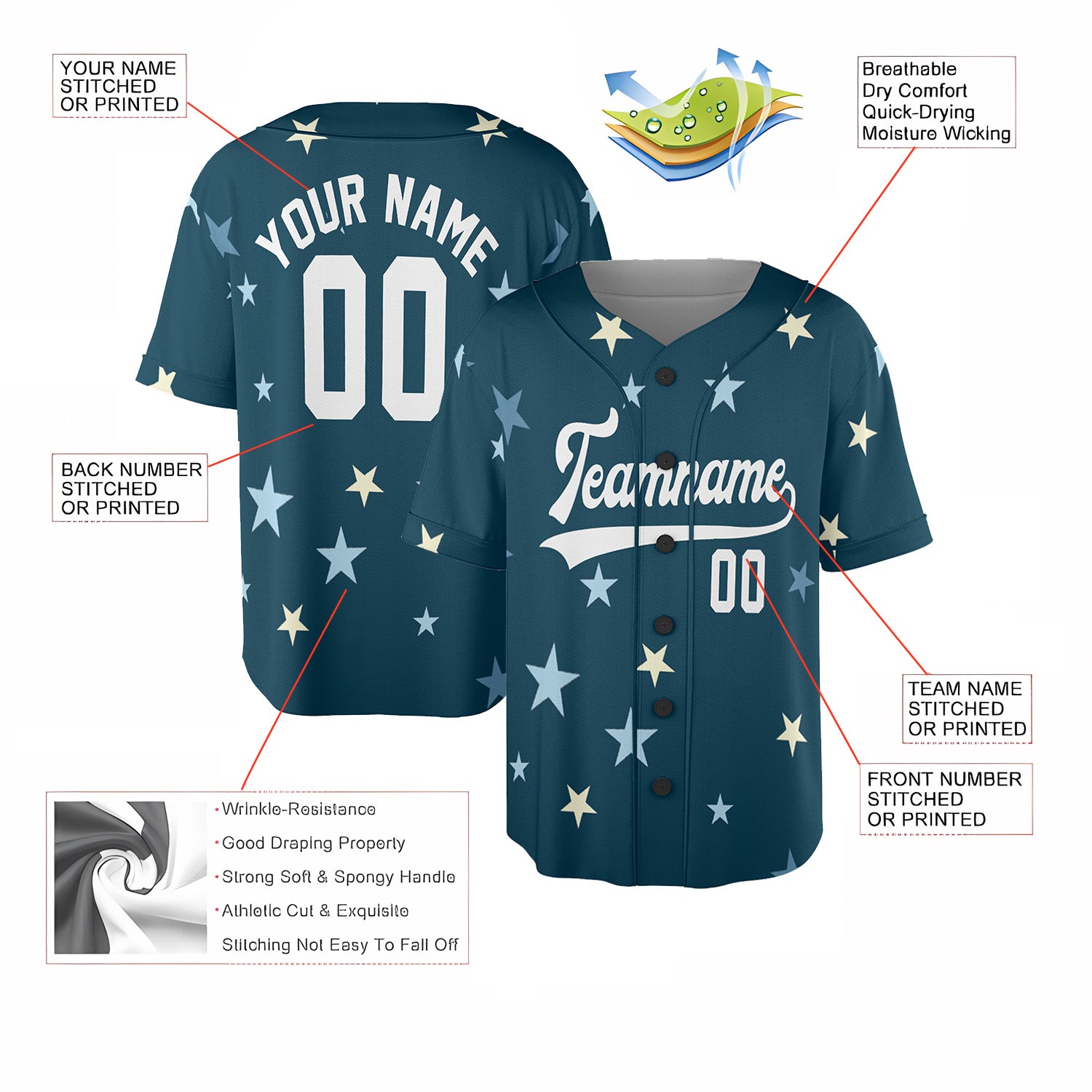 Custom Starry Sky Baseball Jersey in Deep Teal and Pastel Tones