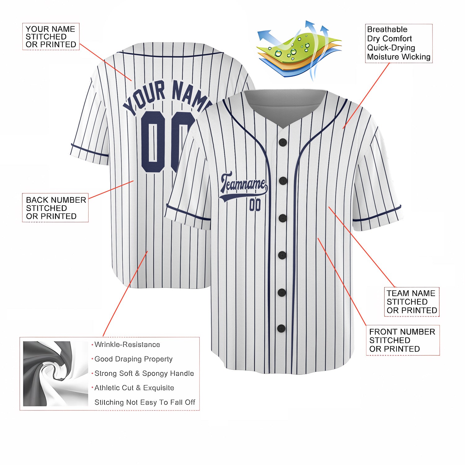 Custom Baseball Jersey – Classic Pinstripe White (Custom Name, Team & Logo)