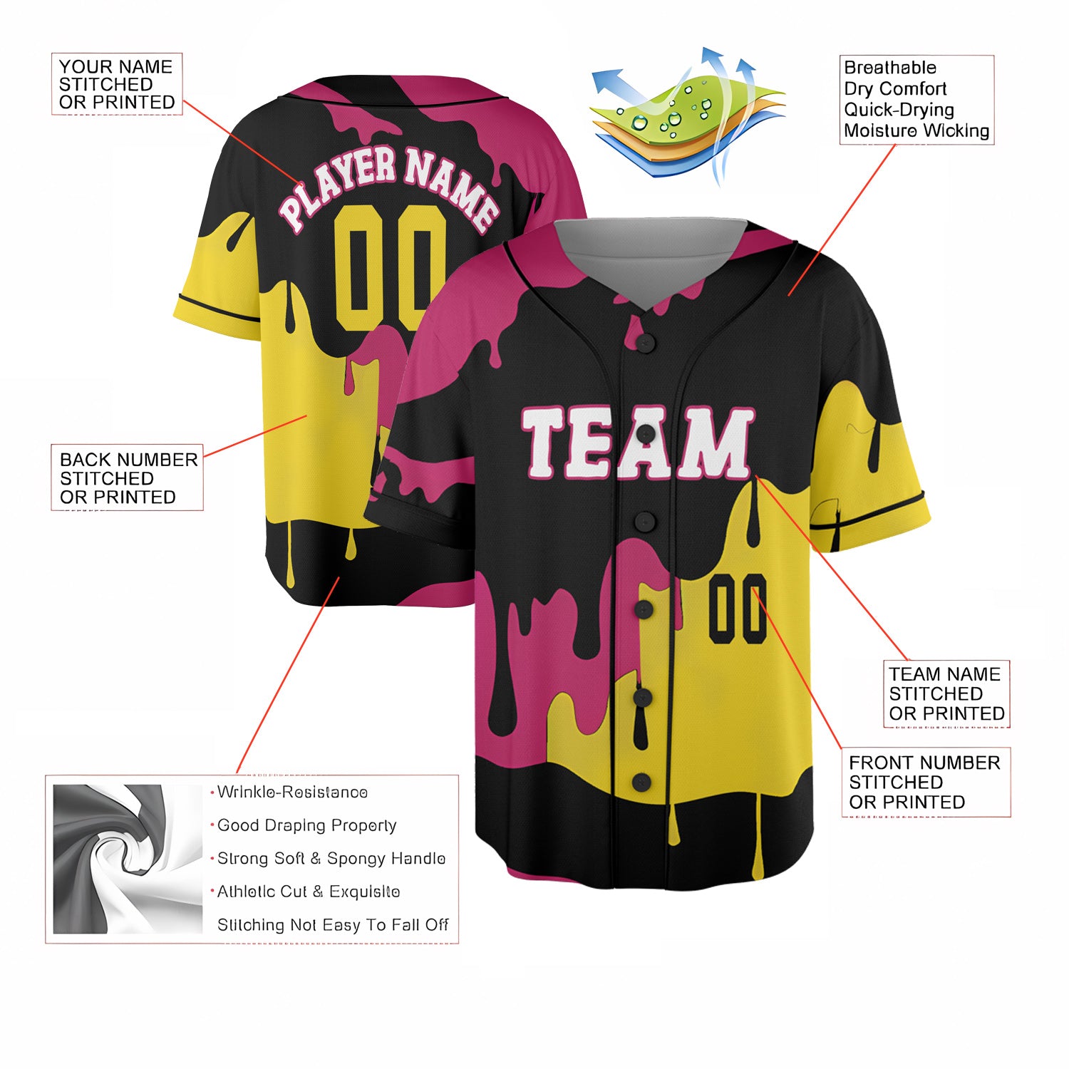 Custom Drip Art Baseball Jersey in Neon Yellow and Magenta on Black