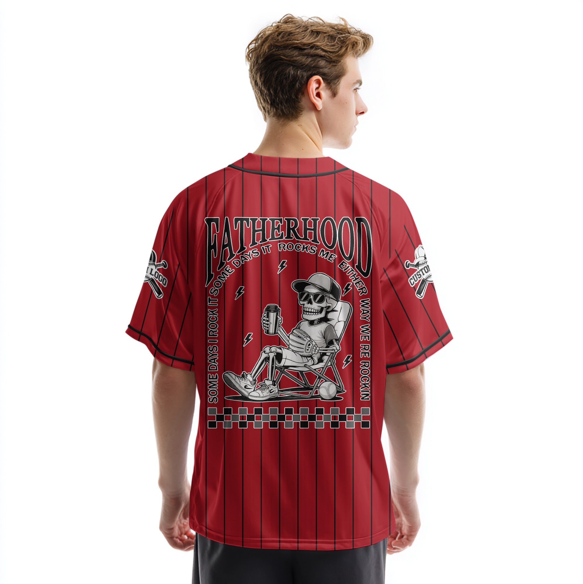 FATHERHOOD - Some Days I Rock It, Some Days It Rocks Me, Either Way We're Rockin - Custom Red Black Baseball Jersey
