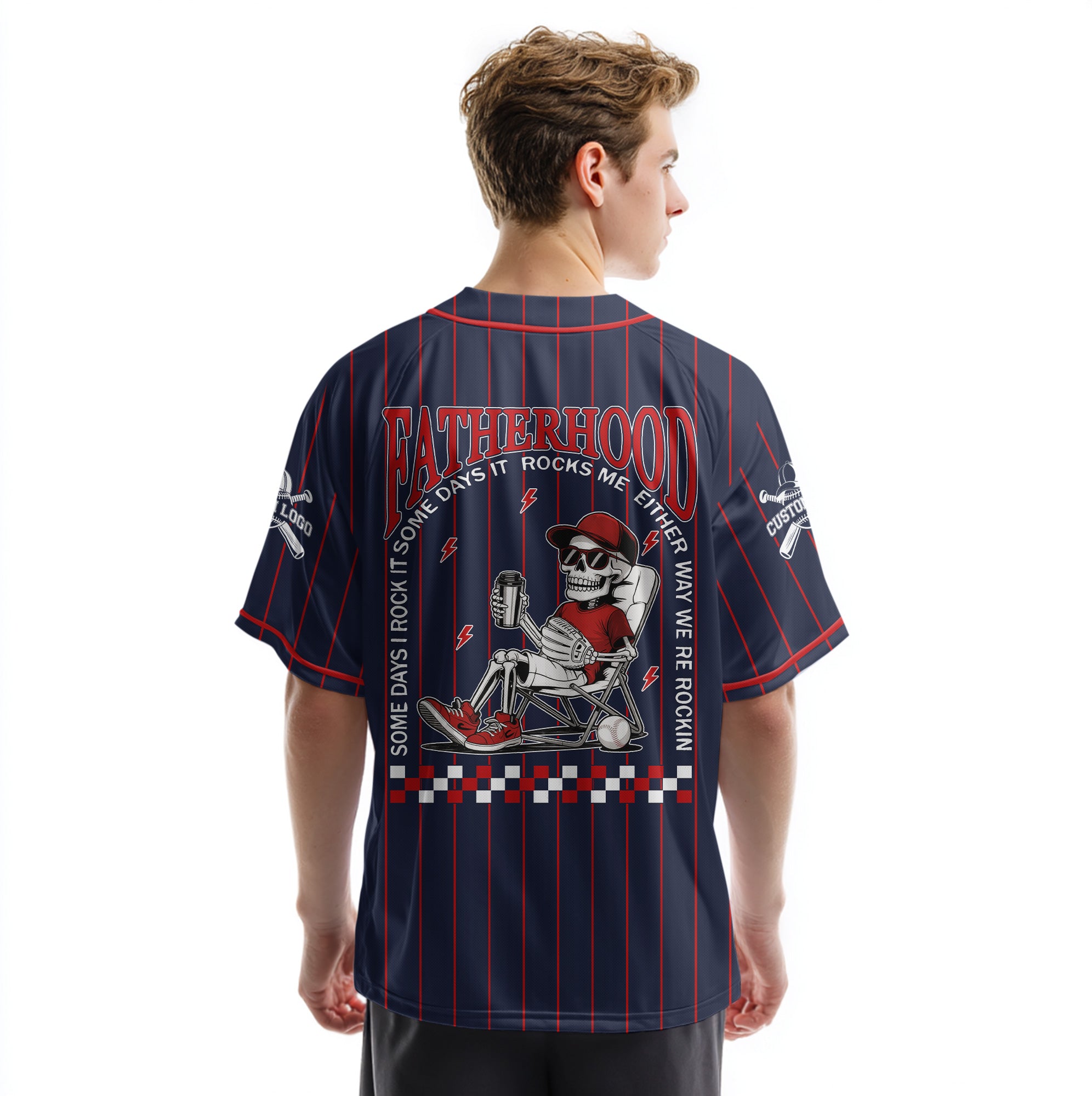 FATHERHOOD - Some Days I Rock It, Some Days It Rocks Me, Either Way We're Rockin - Custom Navy Red Baseball Jersey