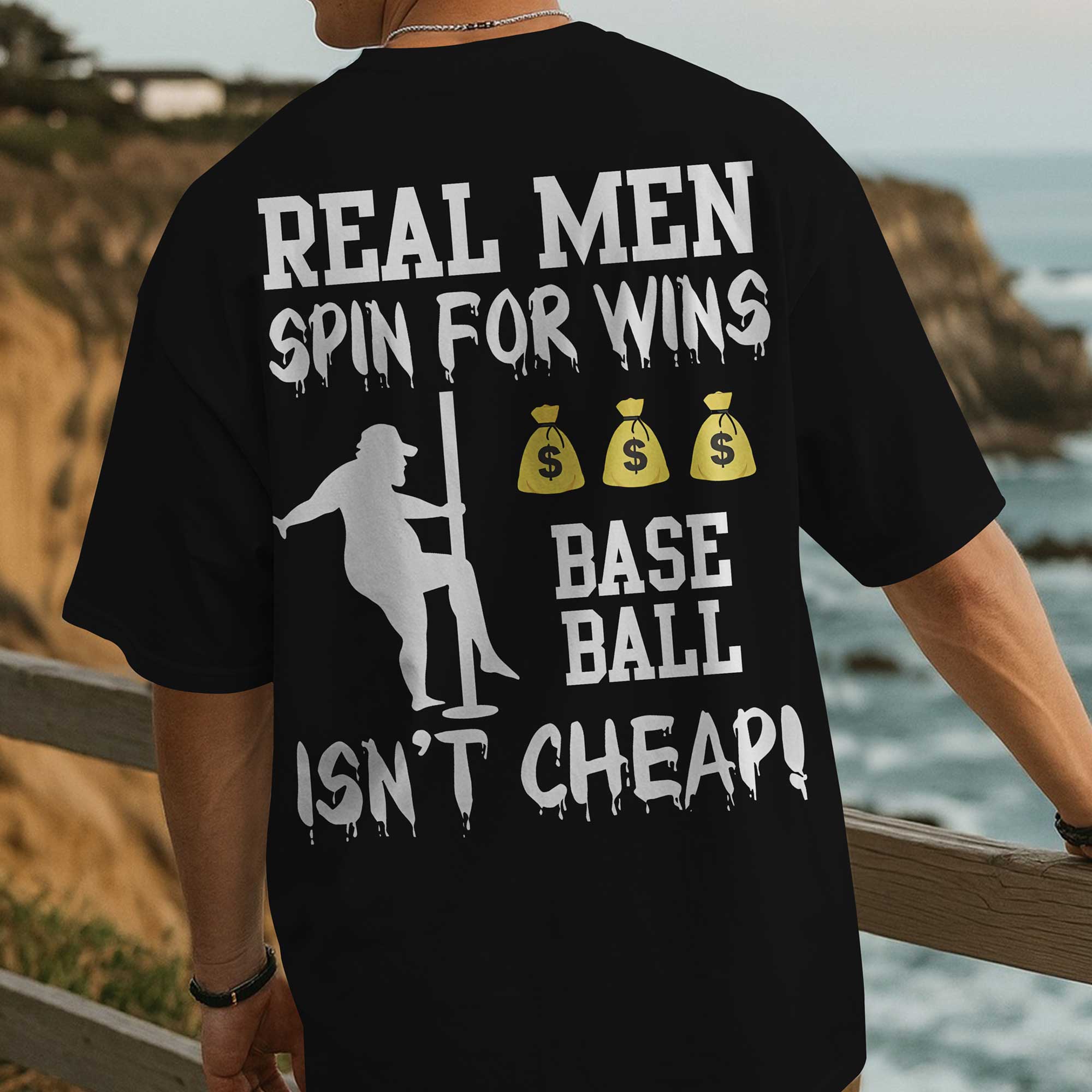 Real Men Spin For Wins - Black and Grey Baseball T-Shirt