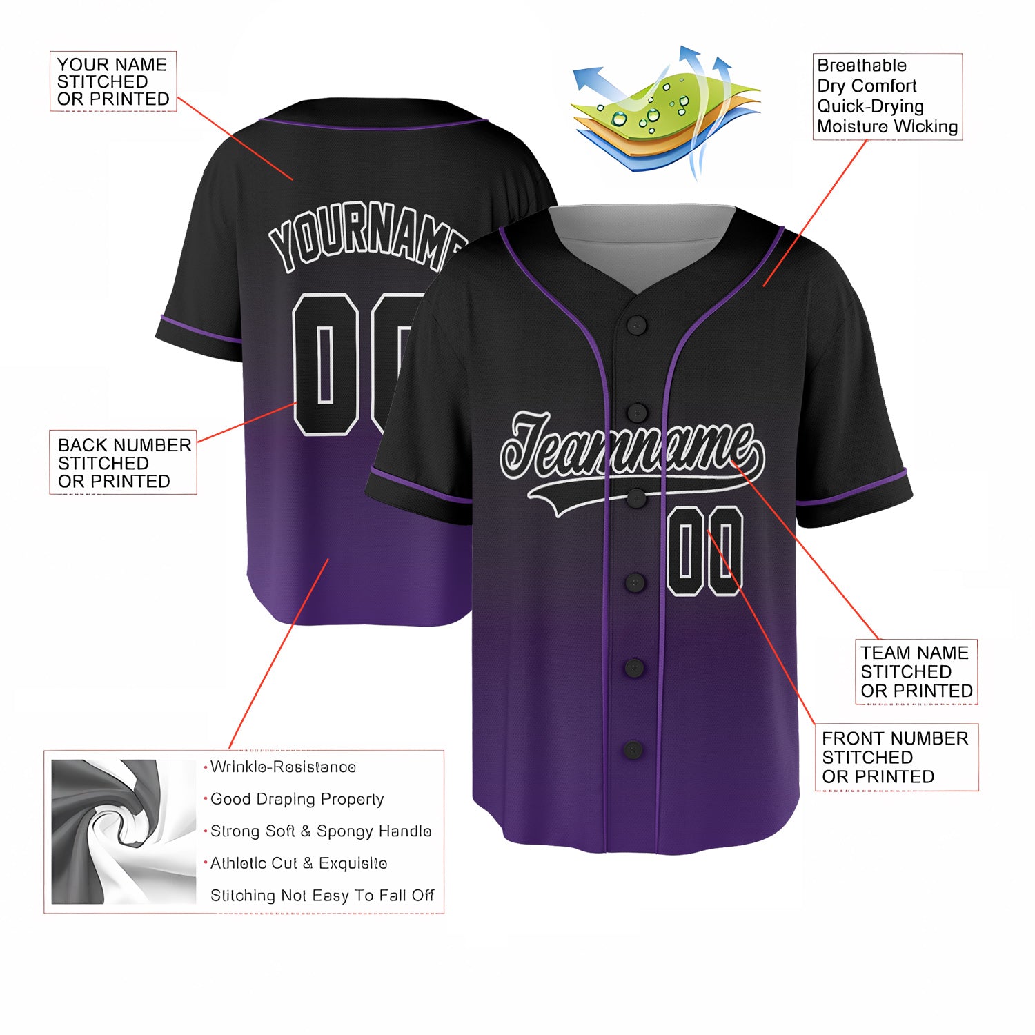 Custom Baseball Jersey – Gradient Black to Purple