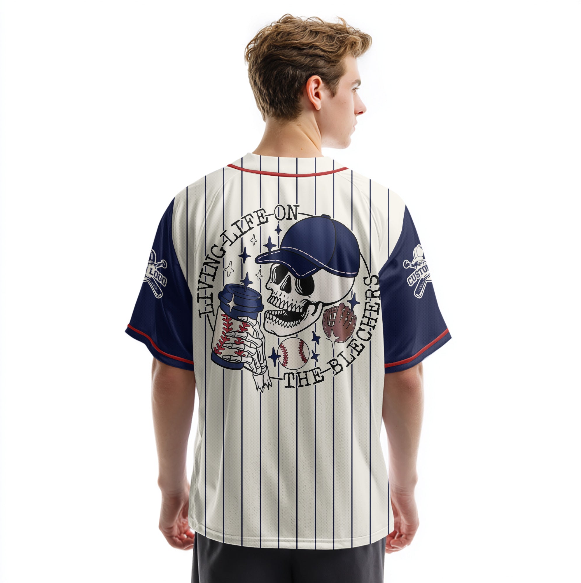 Living Life on the Blechers  - Custom Baseball Jersey - Custom name, number - Baseball Lover -  Cream Navy Pinstripe