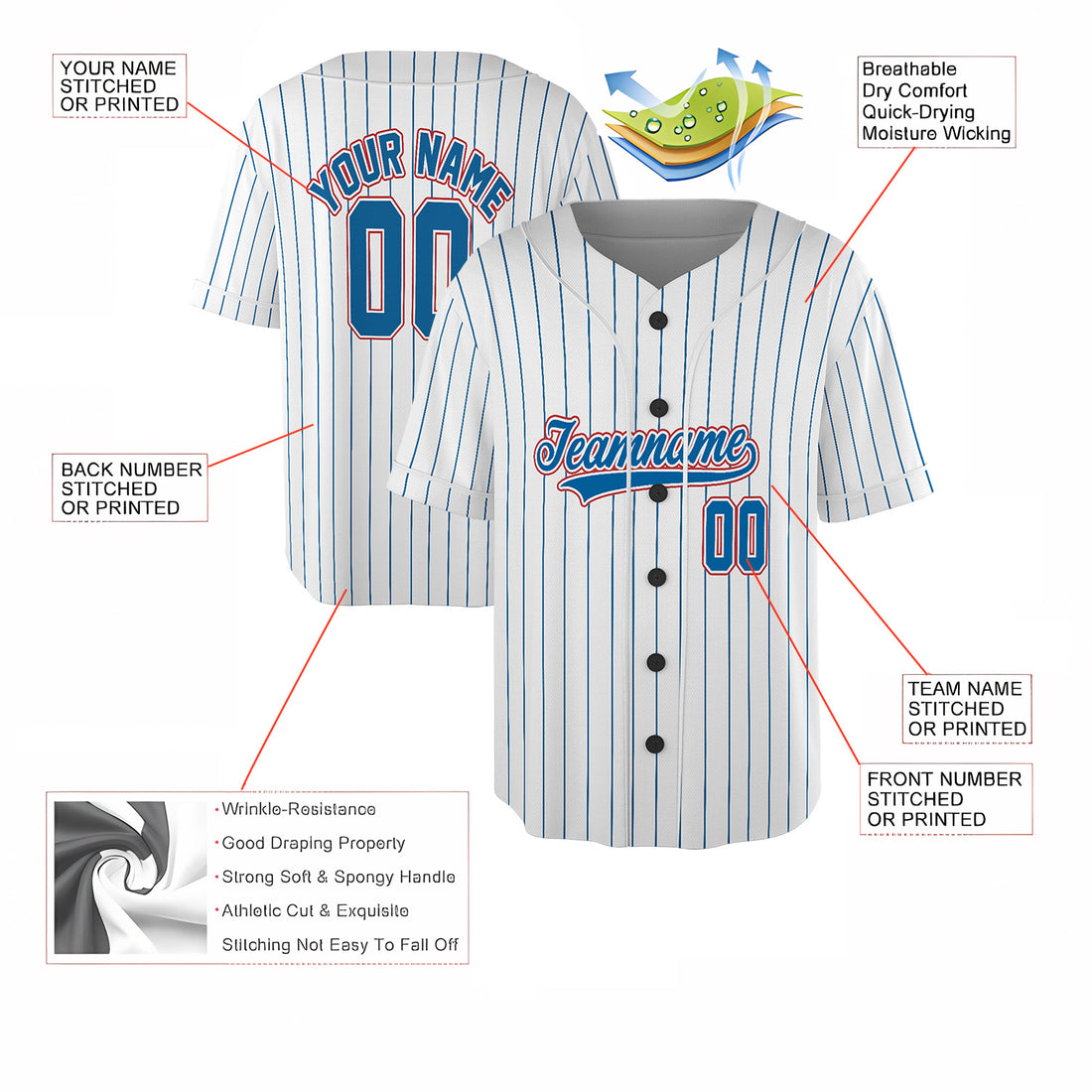 Pinstripe Heat – Custom Name & Logo Jersey with Bold Blue-Red Flair