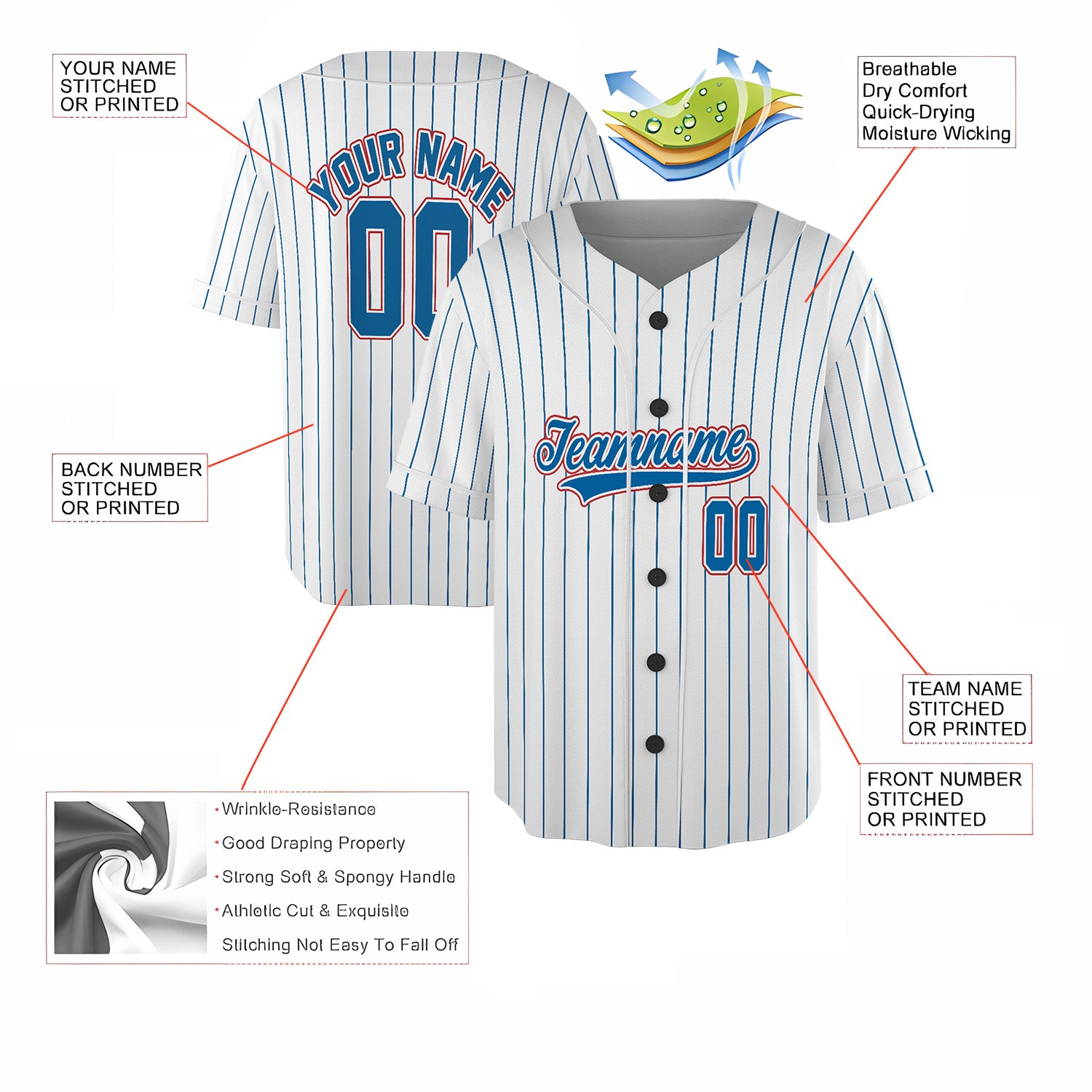 Pinstripe Heat – Custom Name & Logo Jersey with Bold Blue-Red Flair