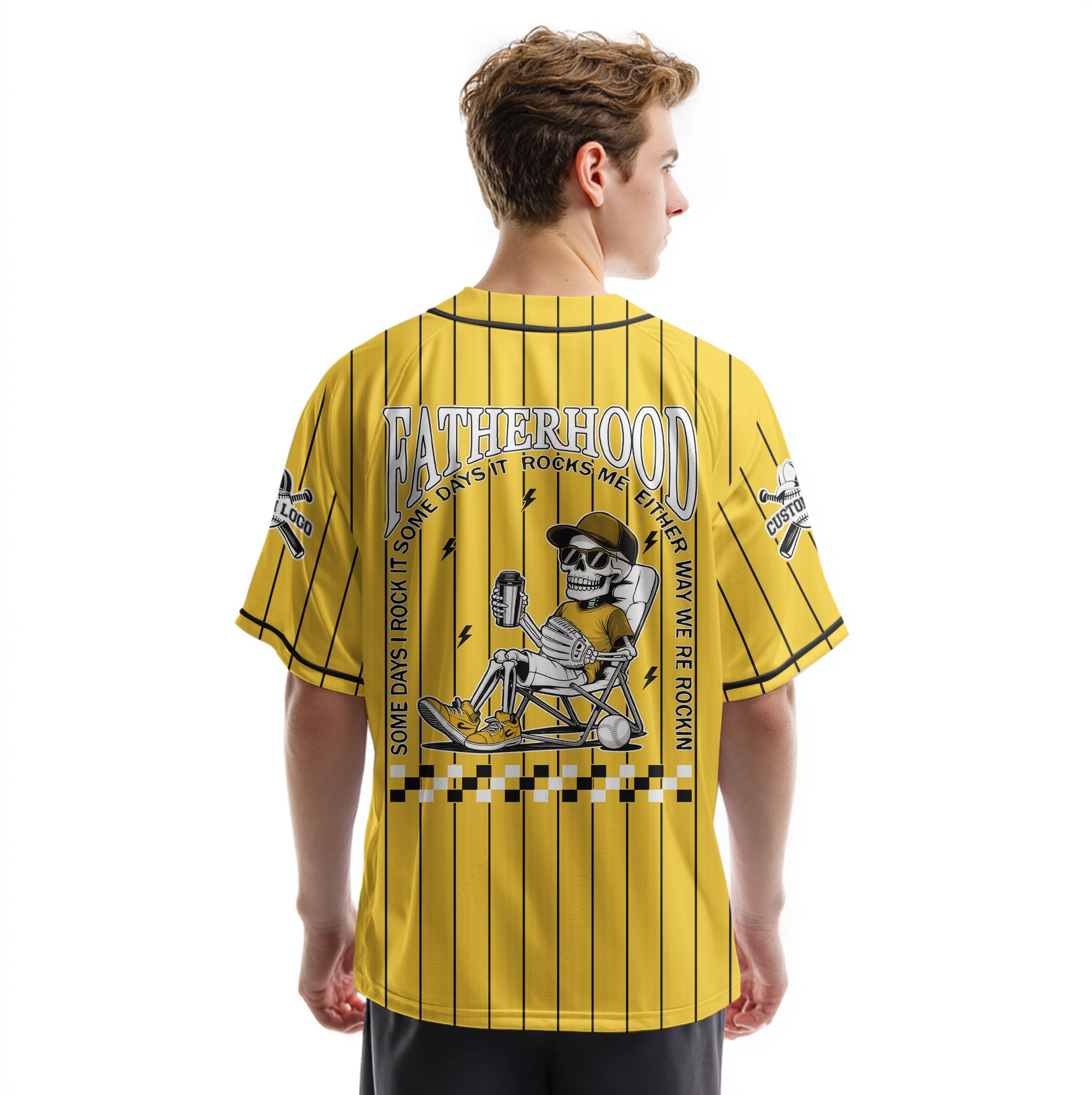 FATHERHOOD - Some Days I Rock It, Some Days It Rocks Me, Either Way We're Rockin - Custom Yellow and Black Striped Baseball Jersey
