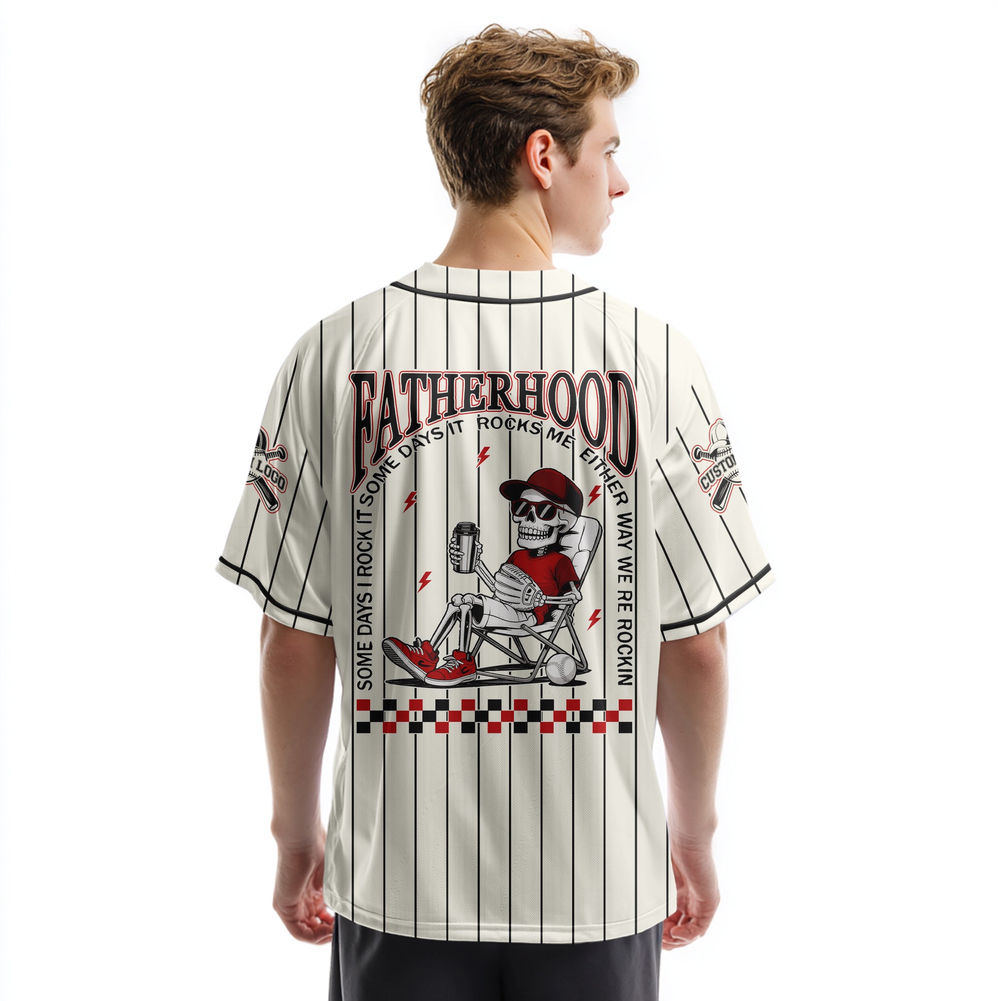 FATHERHOOD - Some Days I Rock It, Some Days It Rocks Me, Either Way We're Rockin - Custom Cream and Black Stripe Baseball Jersey