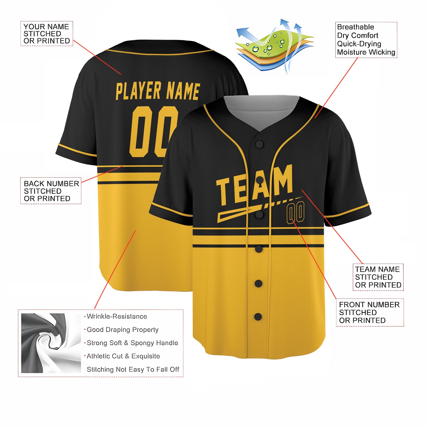 Custom Black-Gold Performance Baseball Jersey