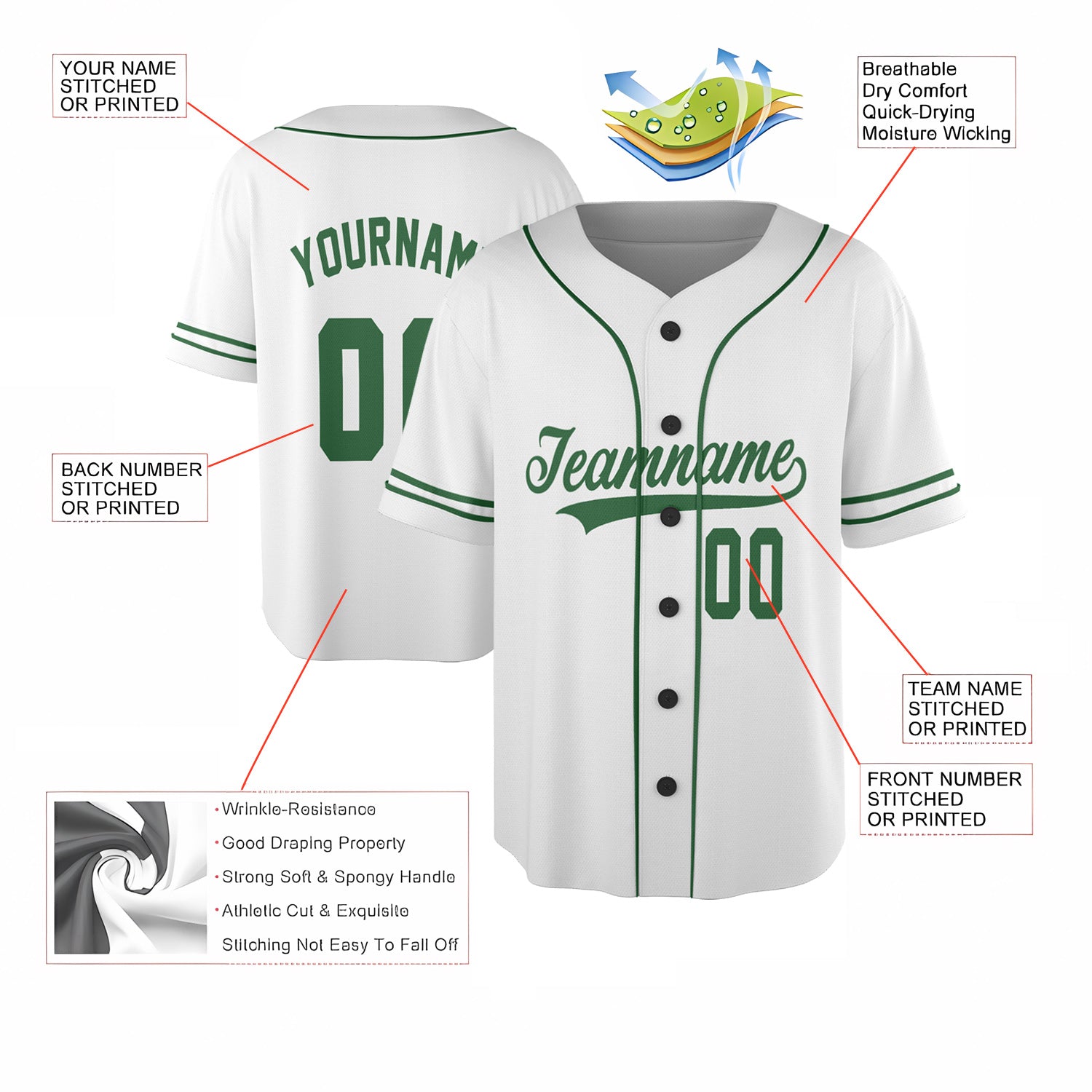 Custom White Baseball Jersey – Classic Green Trim Minimalist Edition