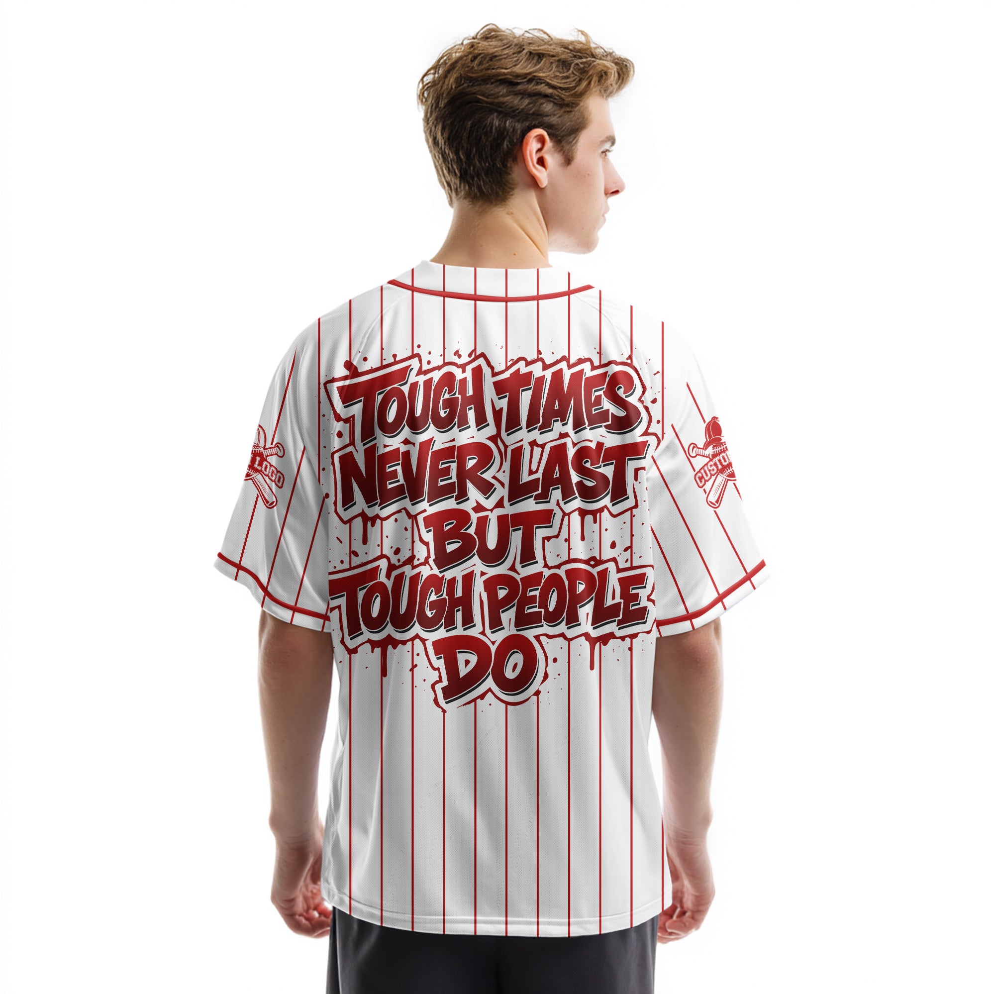 Custom Red Striped Baseball Jersey - Tough People Never Fall