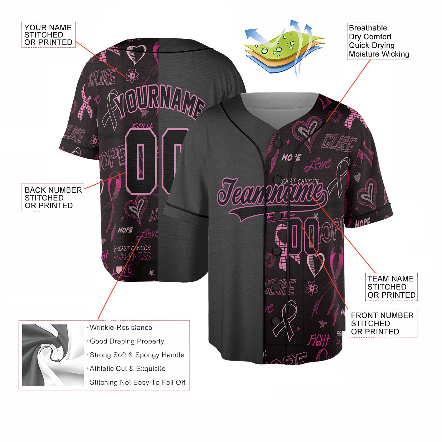 Custom Breast Cancer Awareness Baseball Jersey – Hope & Fight Edition