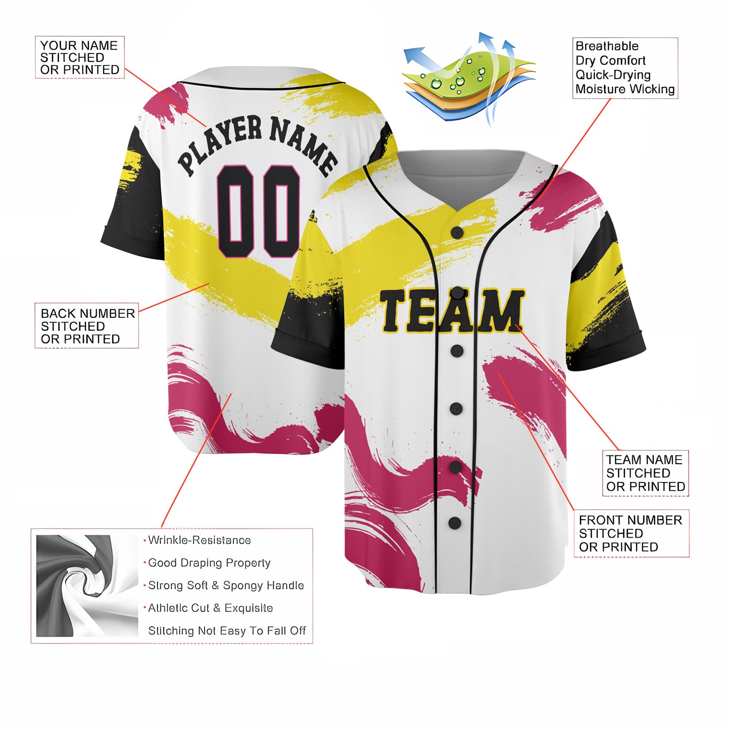 Custom White Baseball Jersey with Neon Yellow and Magenta Paint Strokes