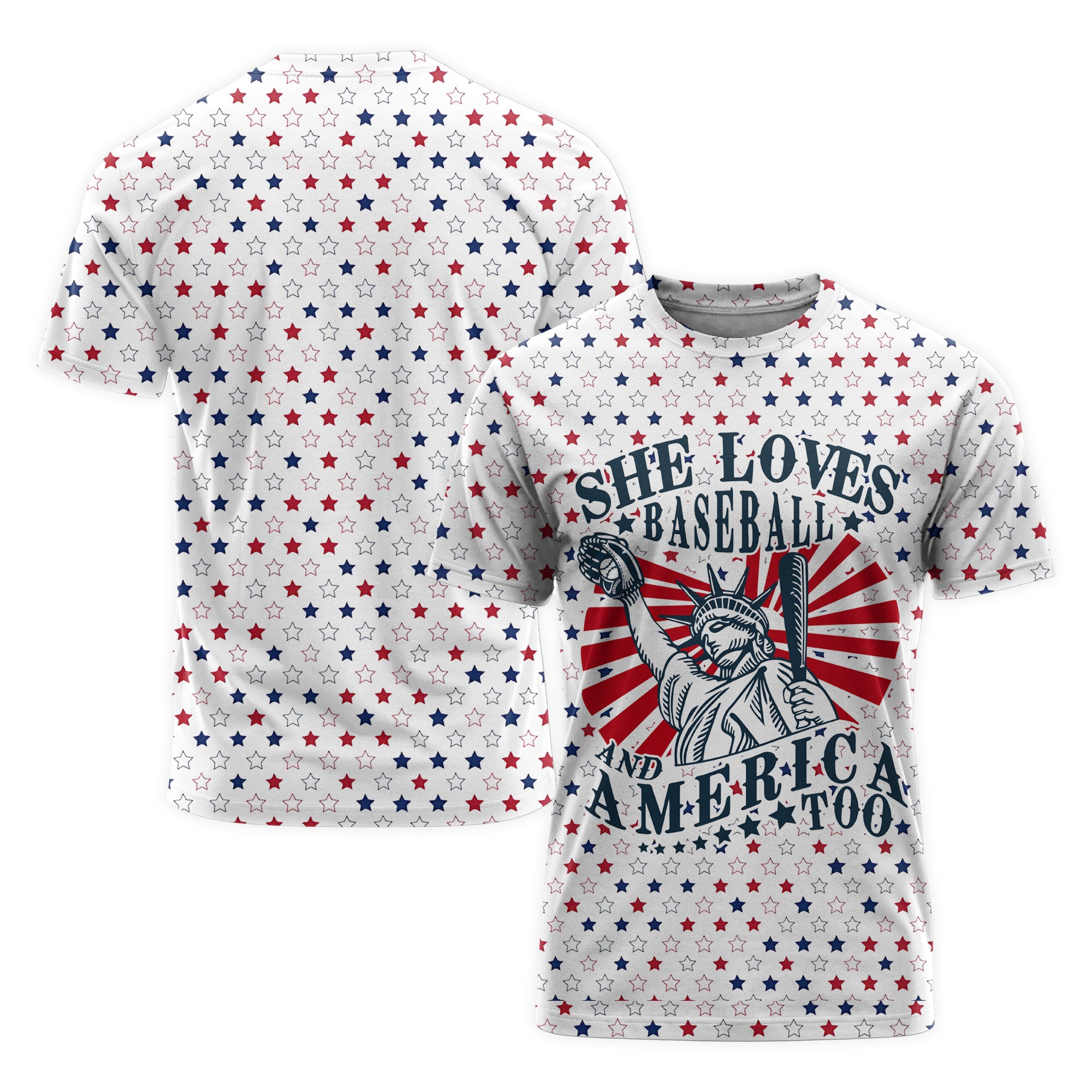 She Loves Baseball And America Too All Over Print Baseball T-Shirt