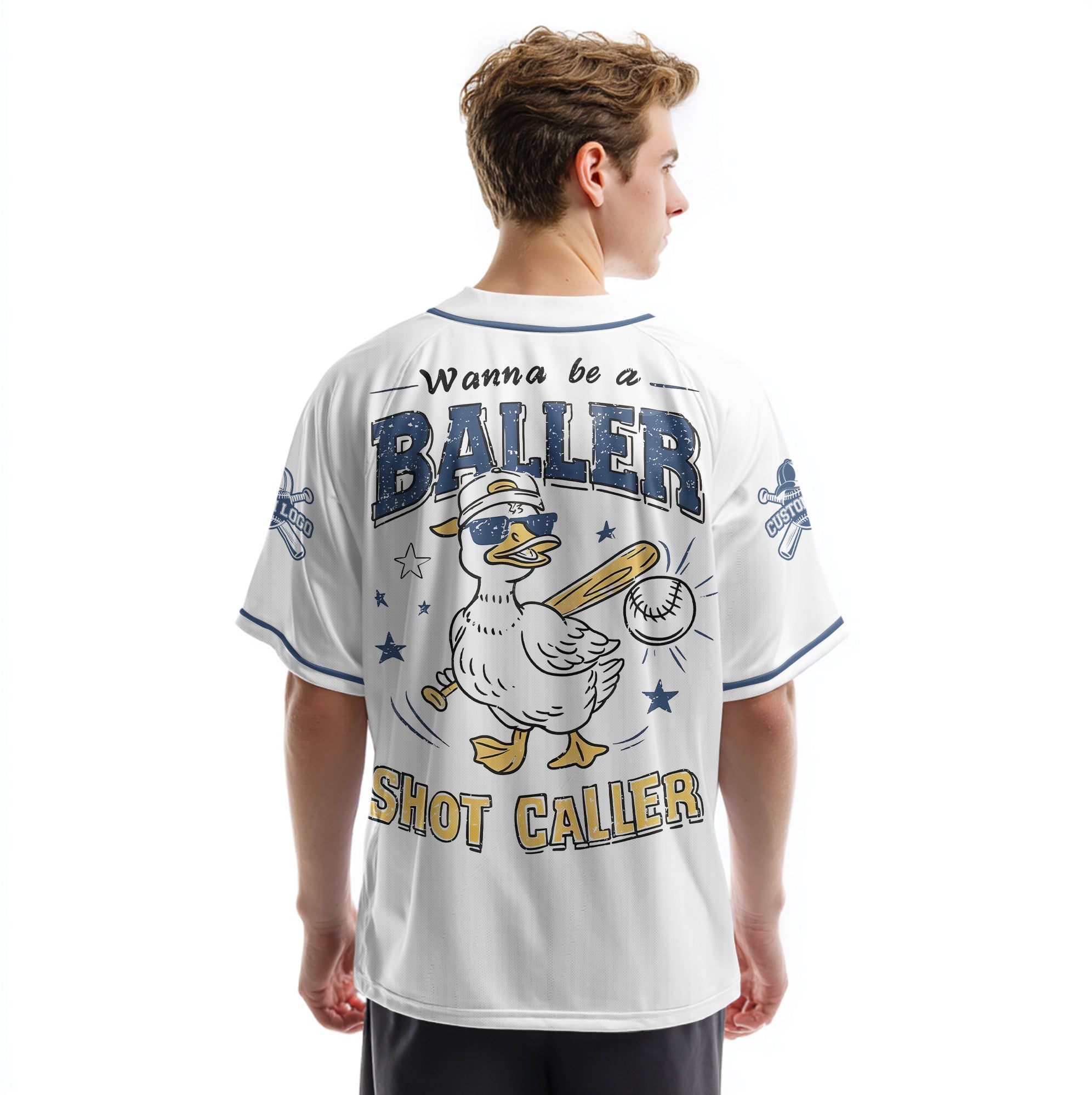 Wanna Be A Baller Shot Caller - Custom White Blue Baseball Jersey