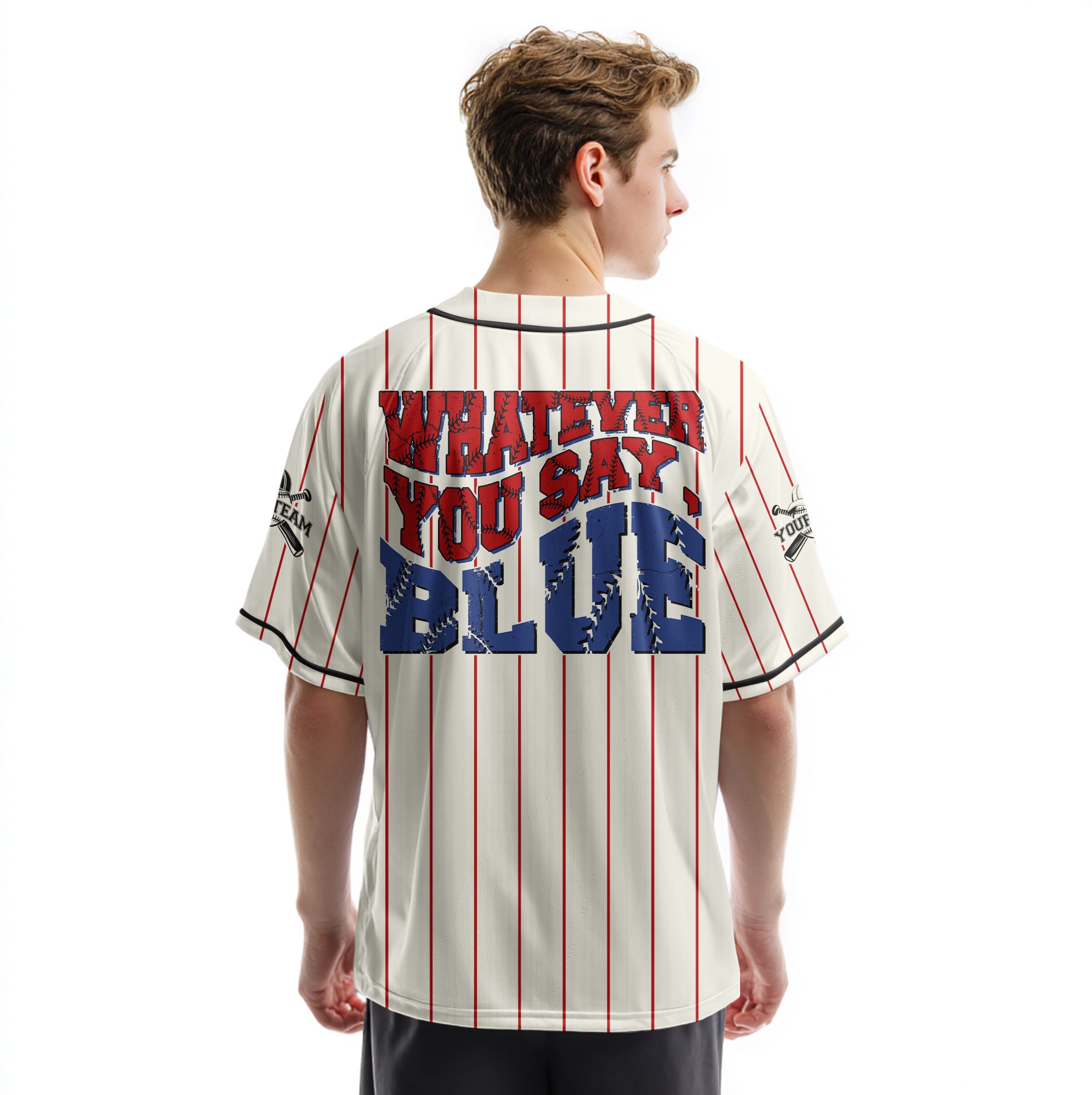 Whatever You Say Blue - Custom Cream with Red Stripes Baseball Jersey