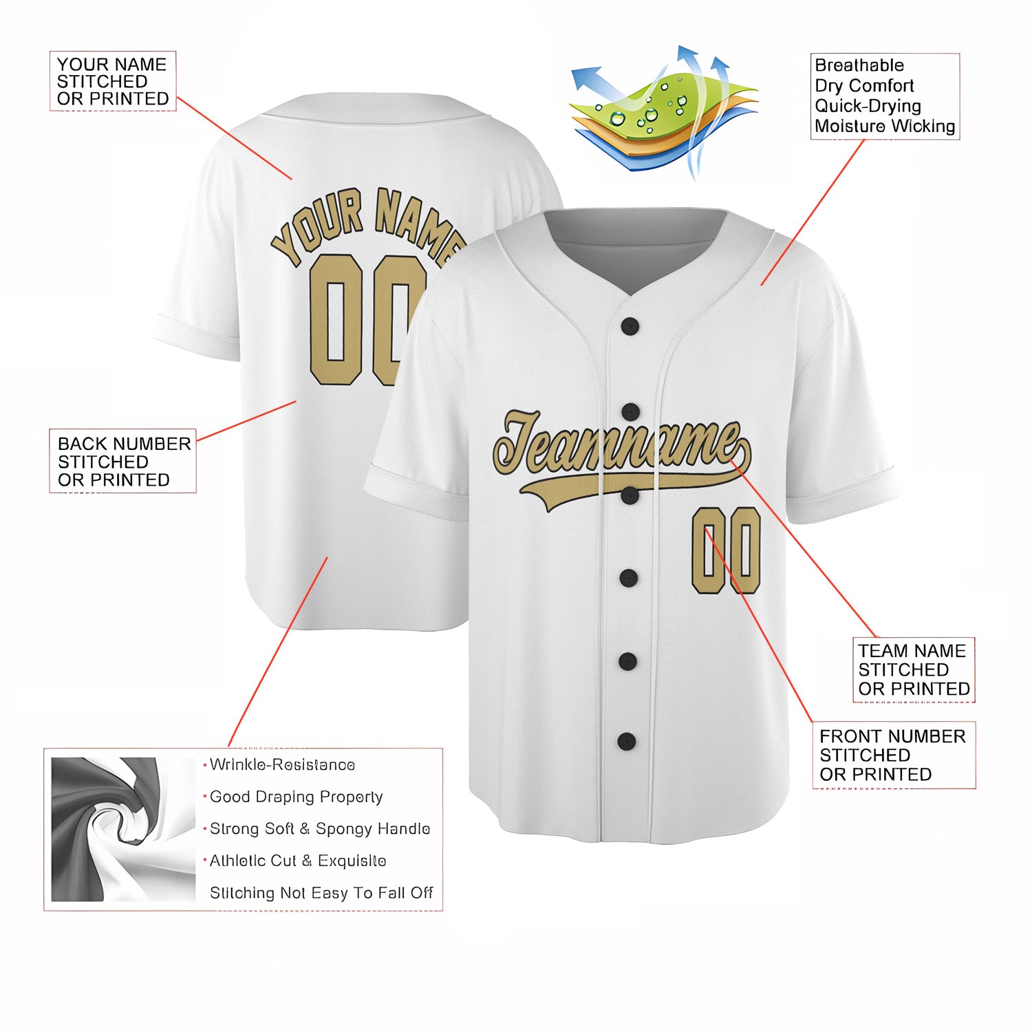 Gold Script Custom Jersey – Classic White with Personalized Name & Logo for Elite Team Identity