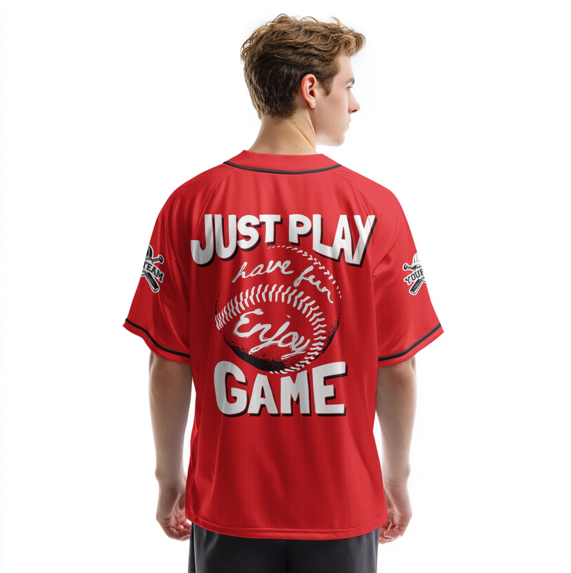 Just Have Fun And Enjoy The Game - Custom Red Black Baseball Jersey