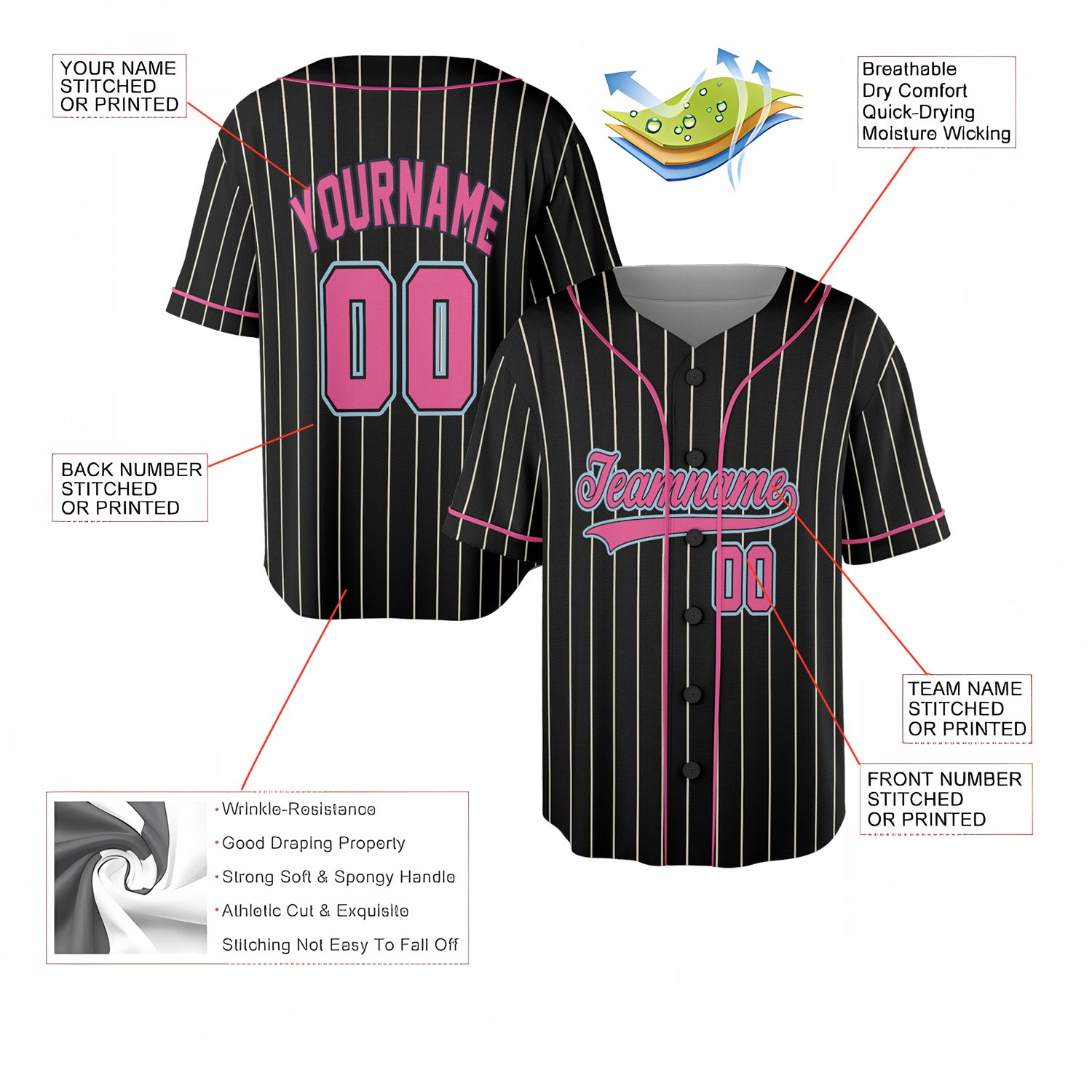 Custom Jersey Baseball - Black with Pink Stripe
