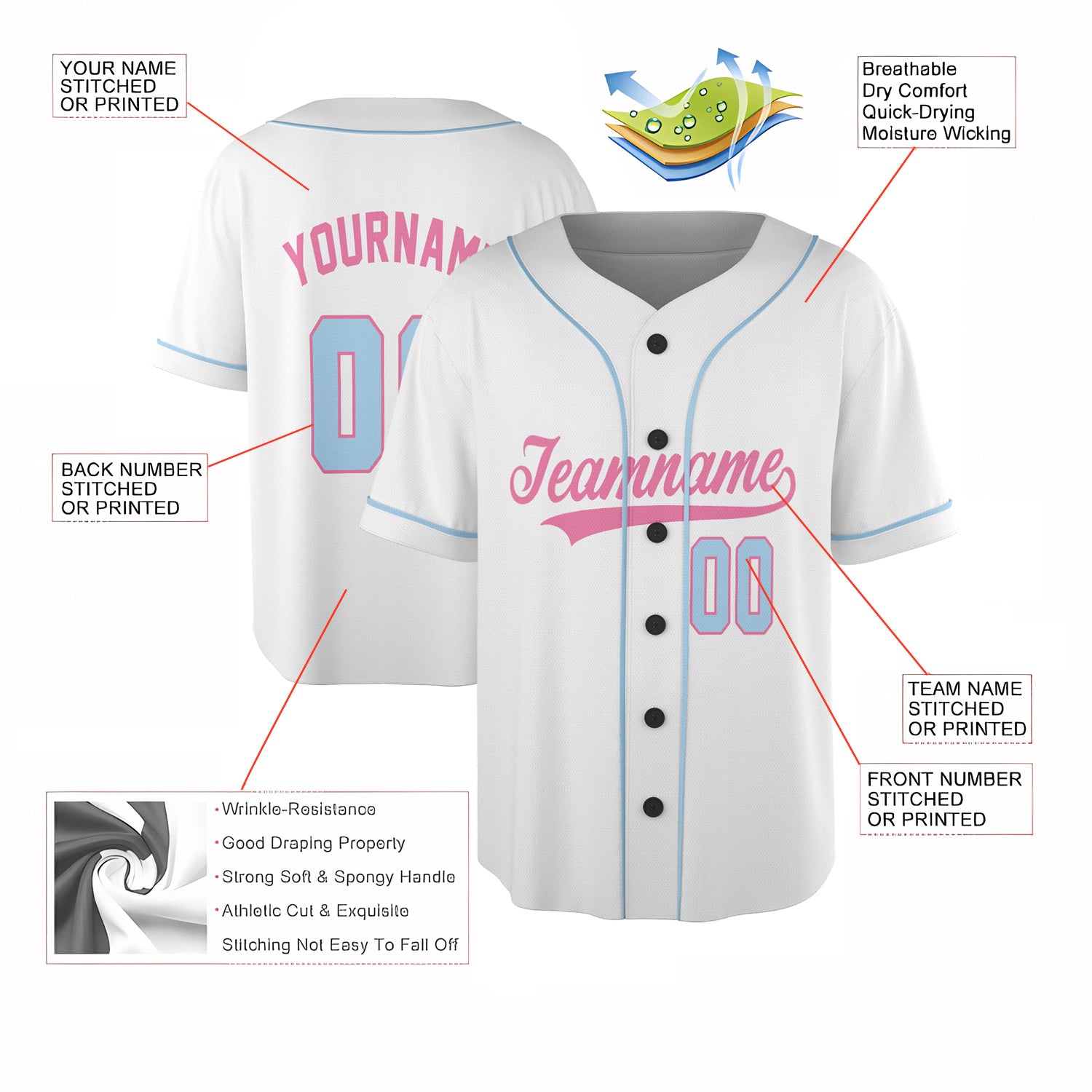 Baseball Jersey – Candy Cool – White & Pastel Pink/Blue