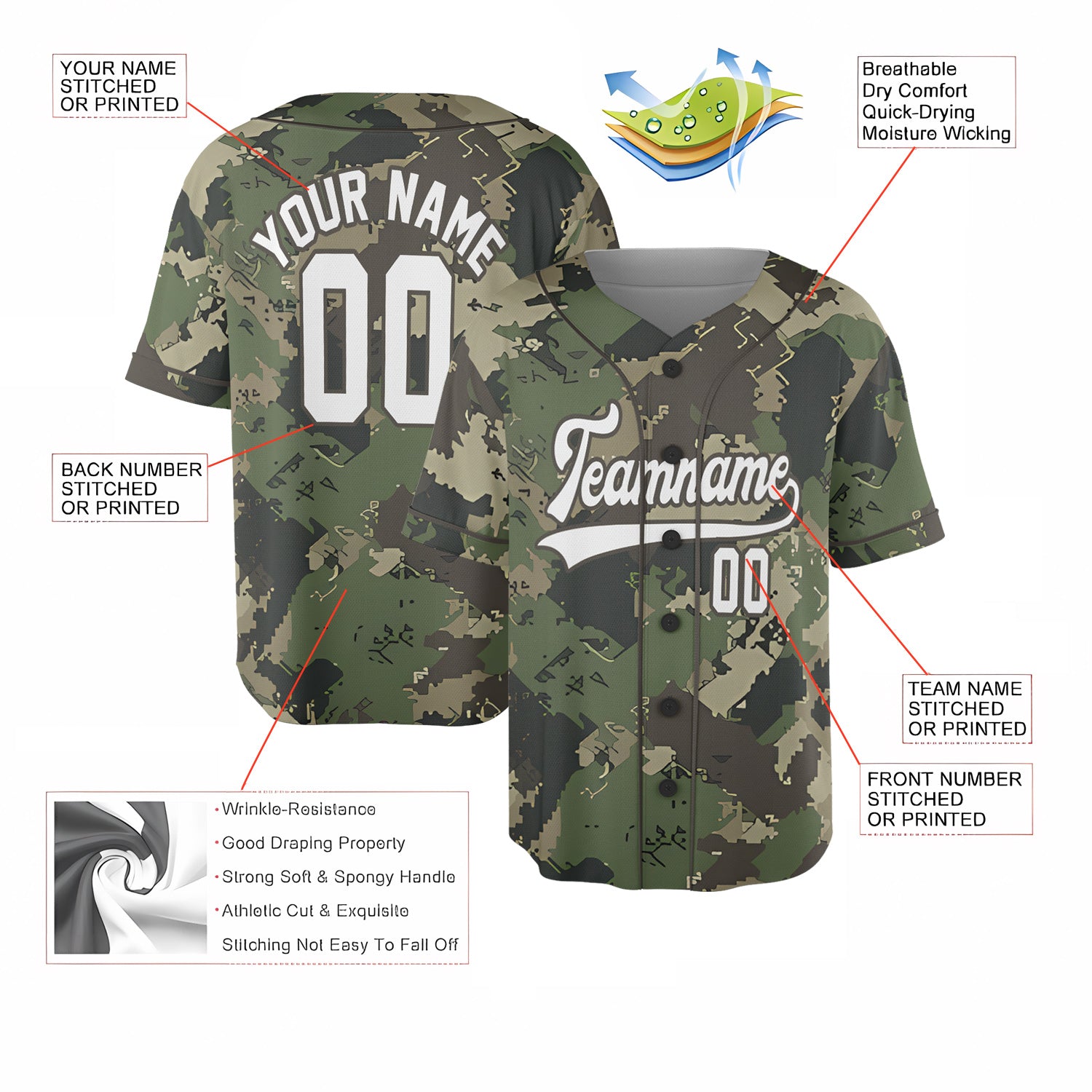 Custom Digital Camo Baseball Jersey in Forest Green and Earth Tones