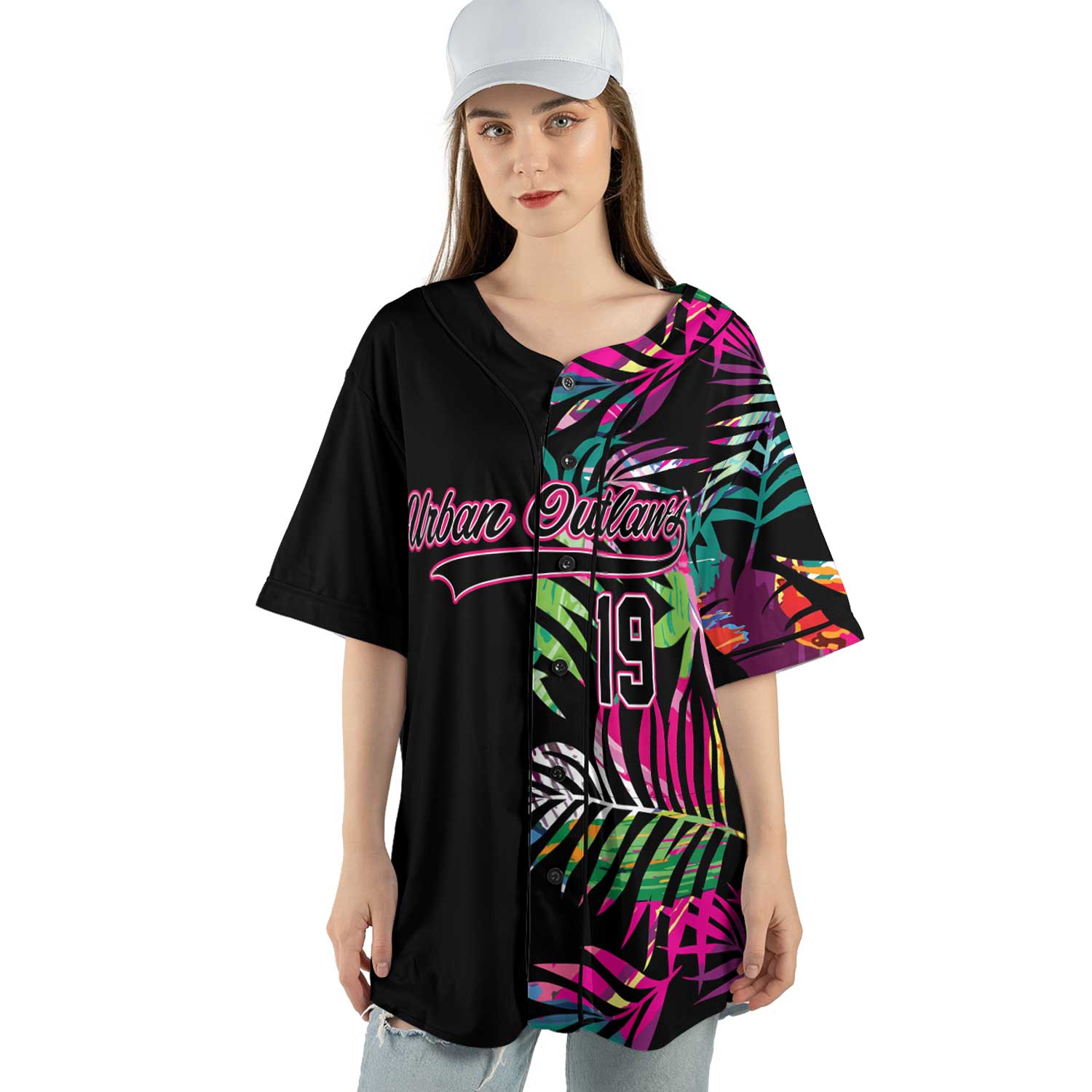 Custom Tropical Neon Baseball Jersey – Urban Outlaws Black Streetwear with Palm Leaf Print