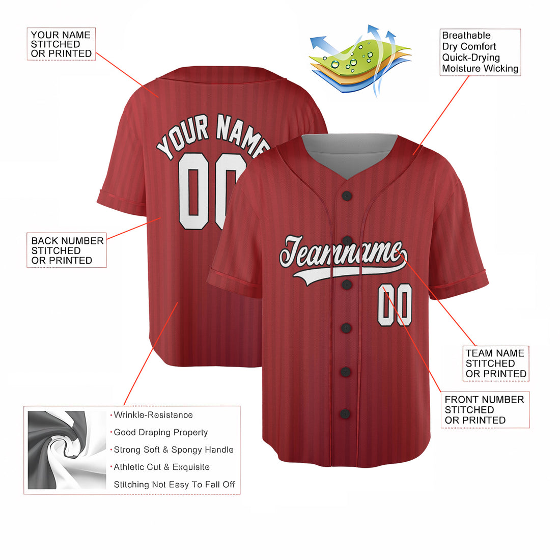 Crimson Pinstripe – Custom Name & Logo Baseball Jersey