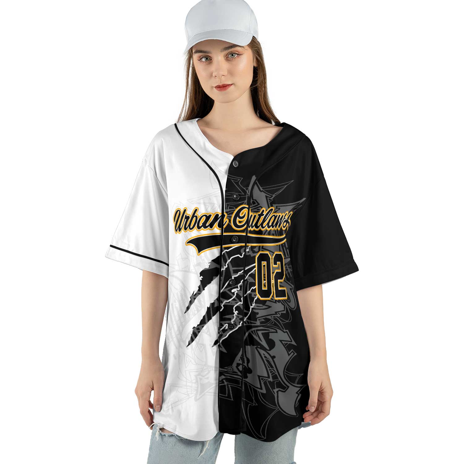Custom Half-Black Half-White Graffiti Baseball Jersey – Streetwear Vibes with Old Gold Trim