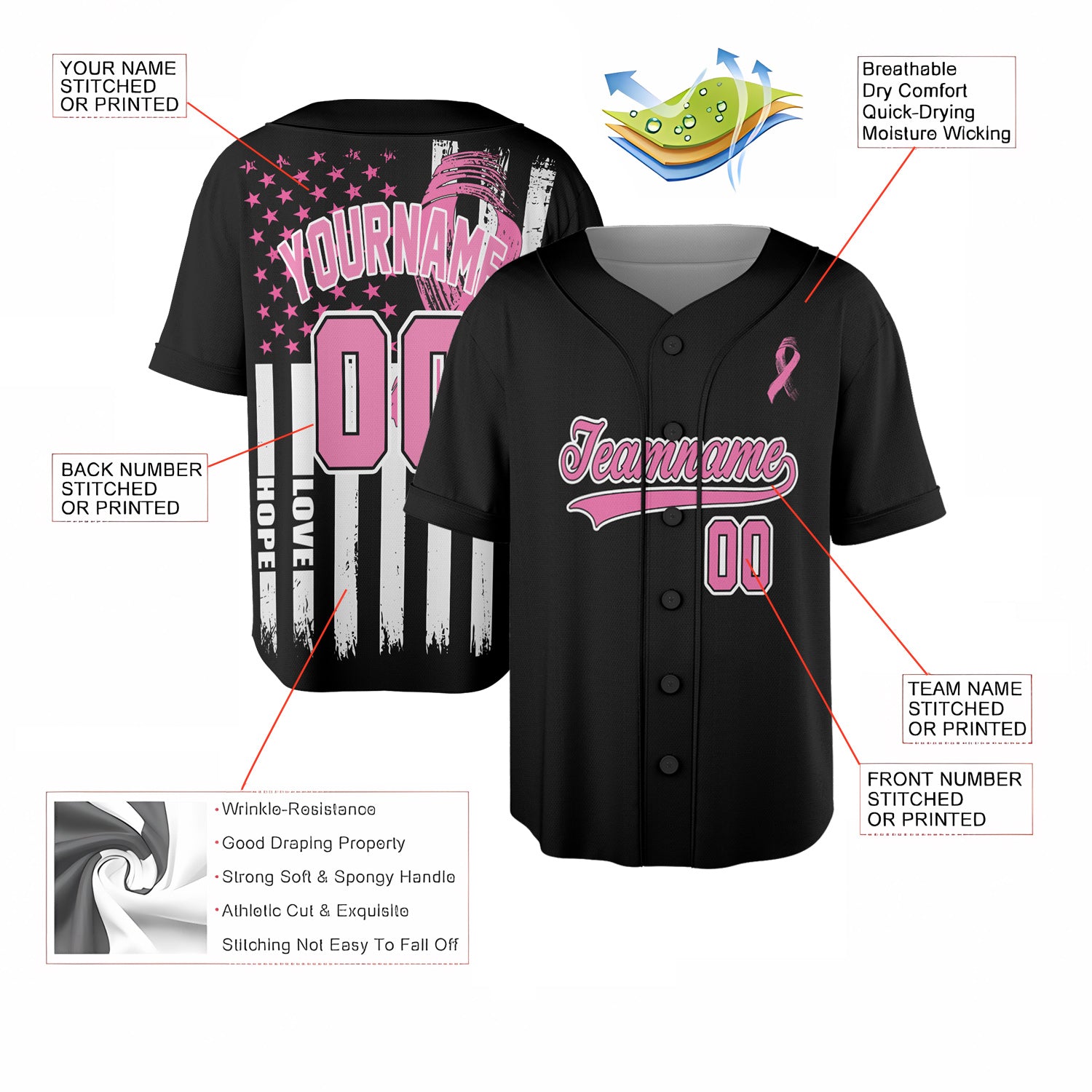 Custom Baseball Jersey - Black Flag Breast Cancer Awareness