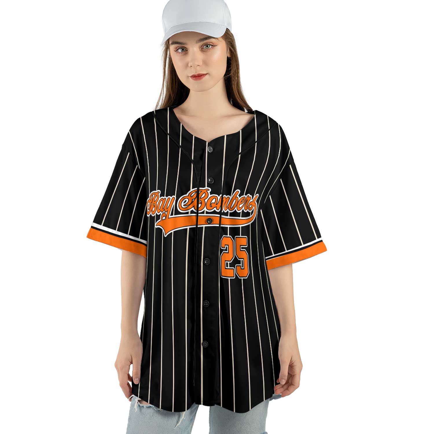 Custom Black Pinstripe Baseball Jersey – Orange Trim & Vintage Team Script