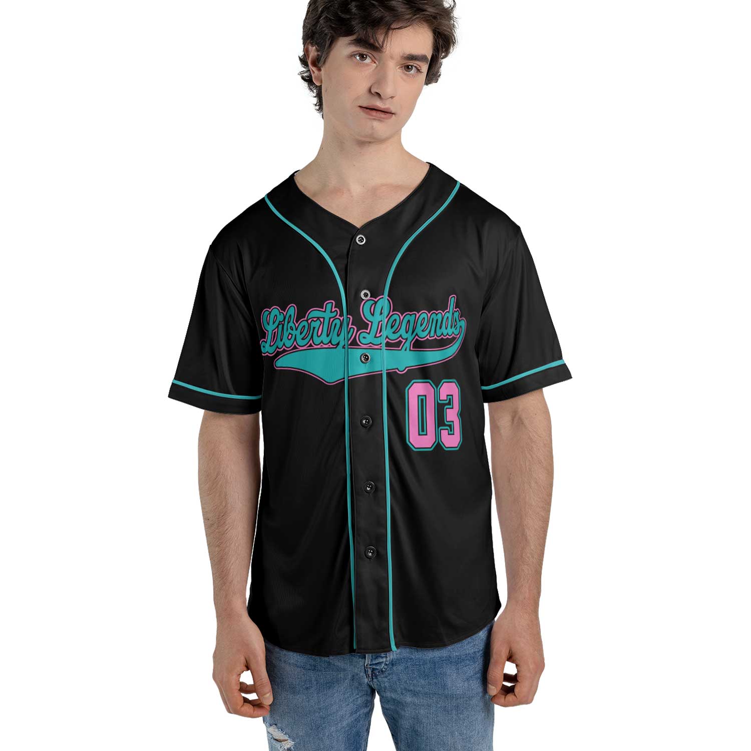 Liberty Legends Custom Baseball Jersey – Black Retro Style with Teal & Pink Trim