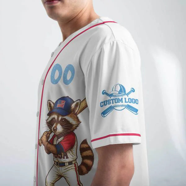Red White, and Baseball - Racoon Baseball Player White Jersey - Personalized USA Baseball Jersey, Custom 4th of July Independence Day Patriotic