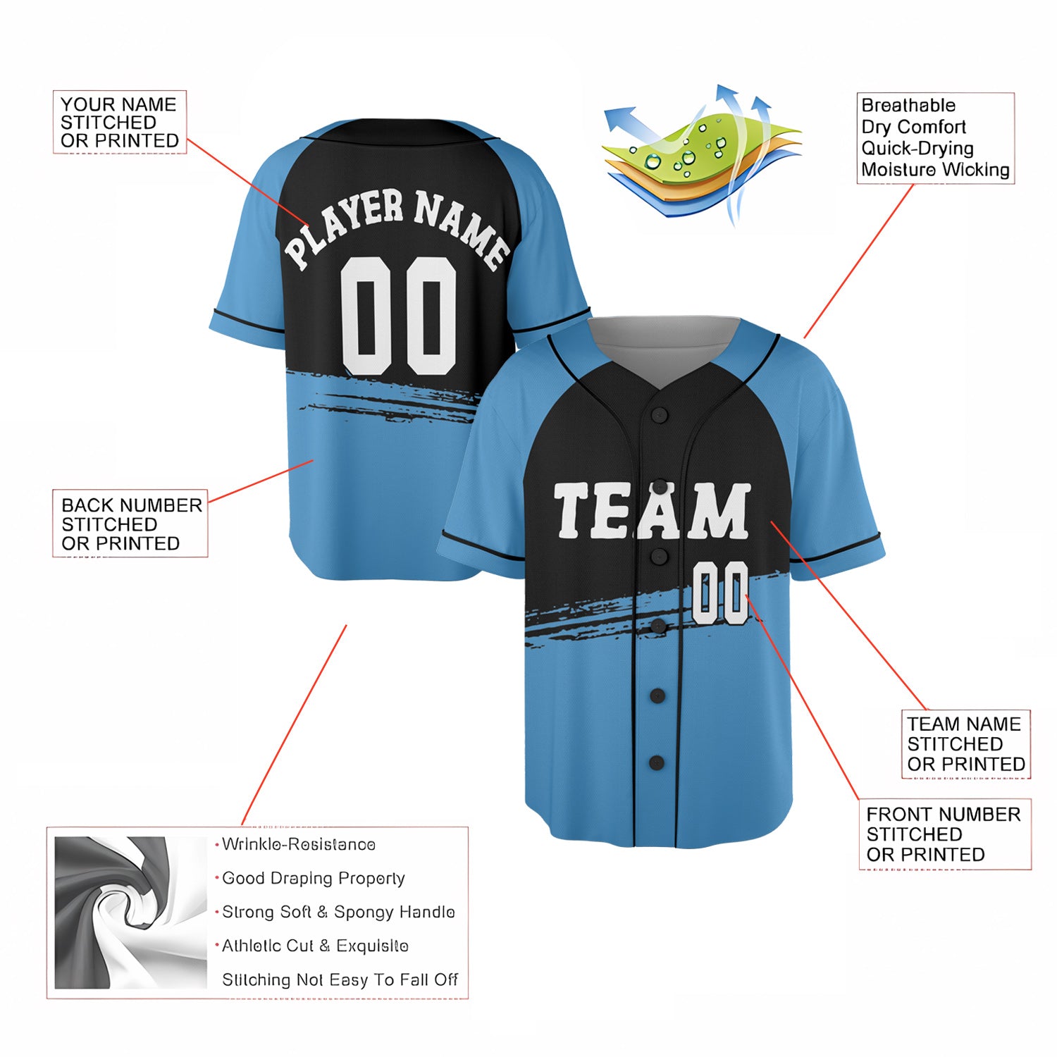Custom Sky Blue and Black Brushstroke Baseball Jersey