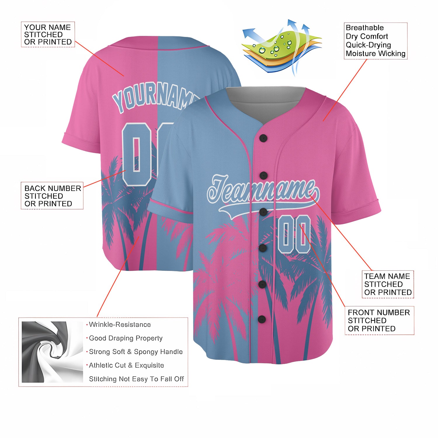 Custom Baseball Jersey - Miami Palm Blue Pink Split