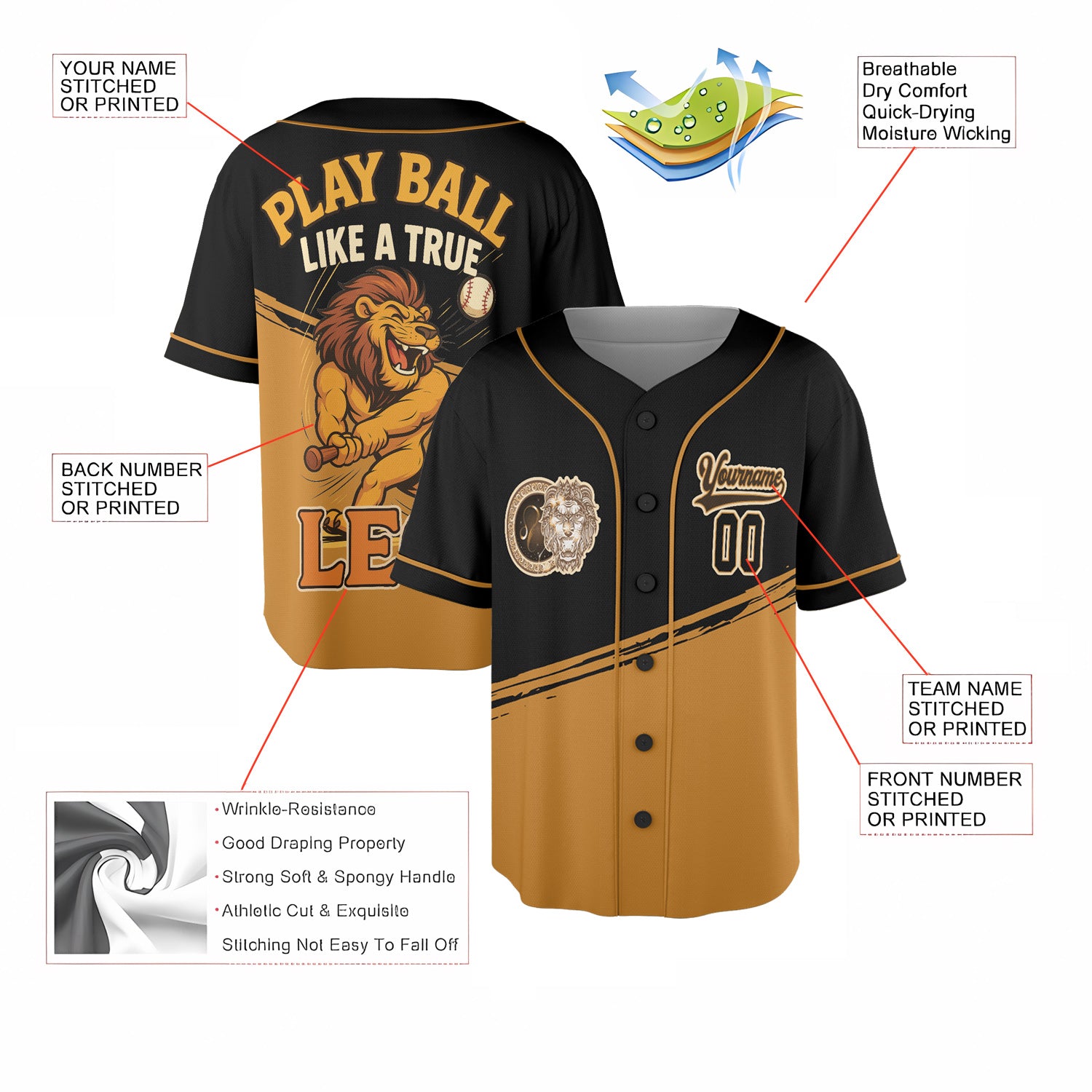 Custom Black and Gold Baseball Jersey – Leo Zodiac Lion Edition