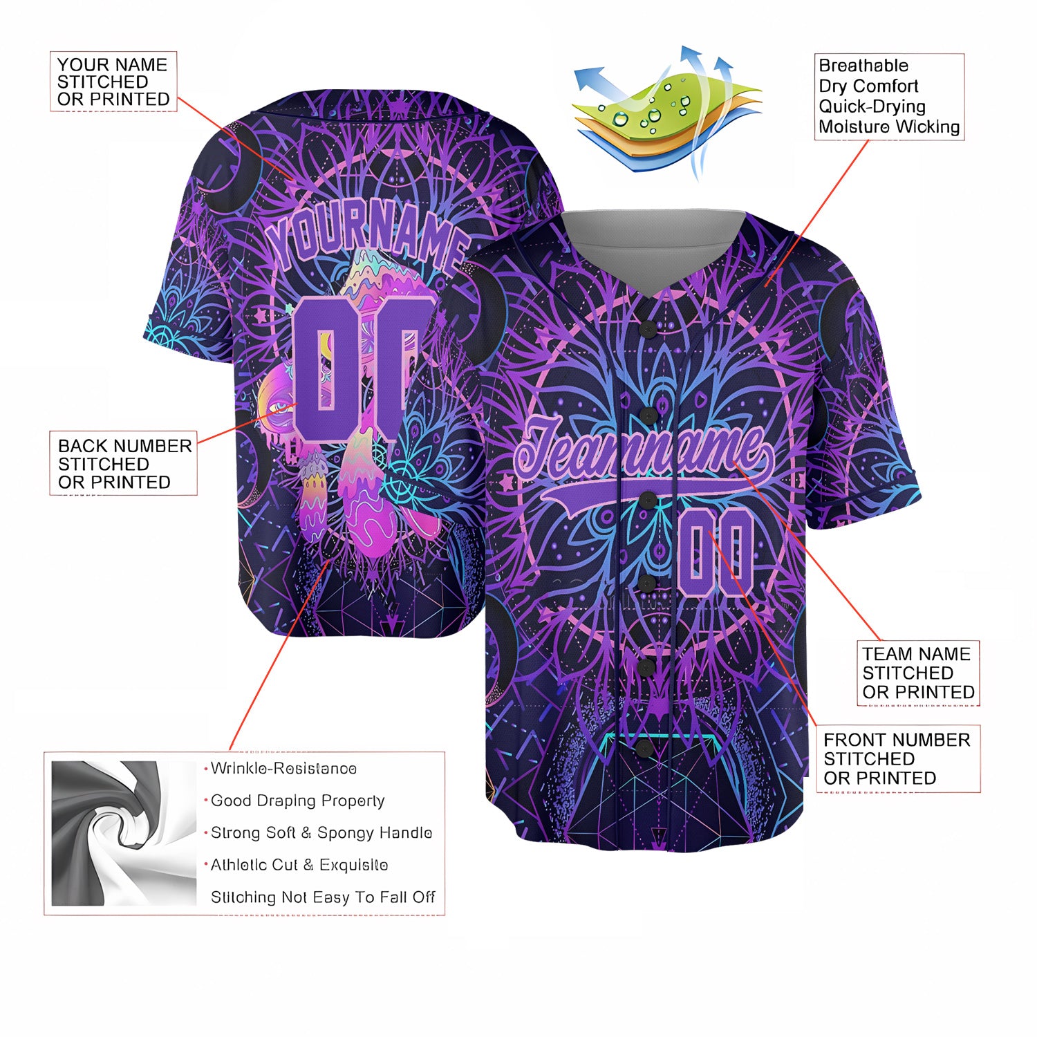 Custom Baseball Jersey – Psychedelic Purple Mandala Background
