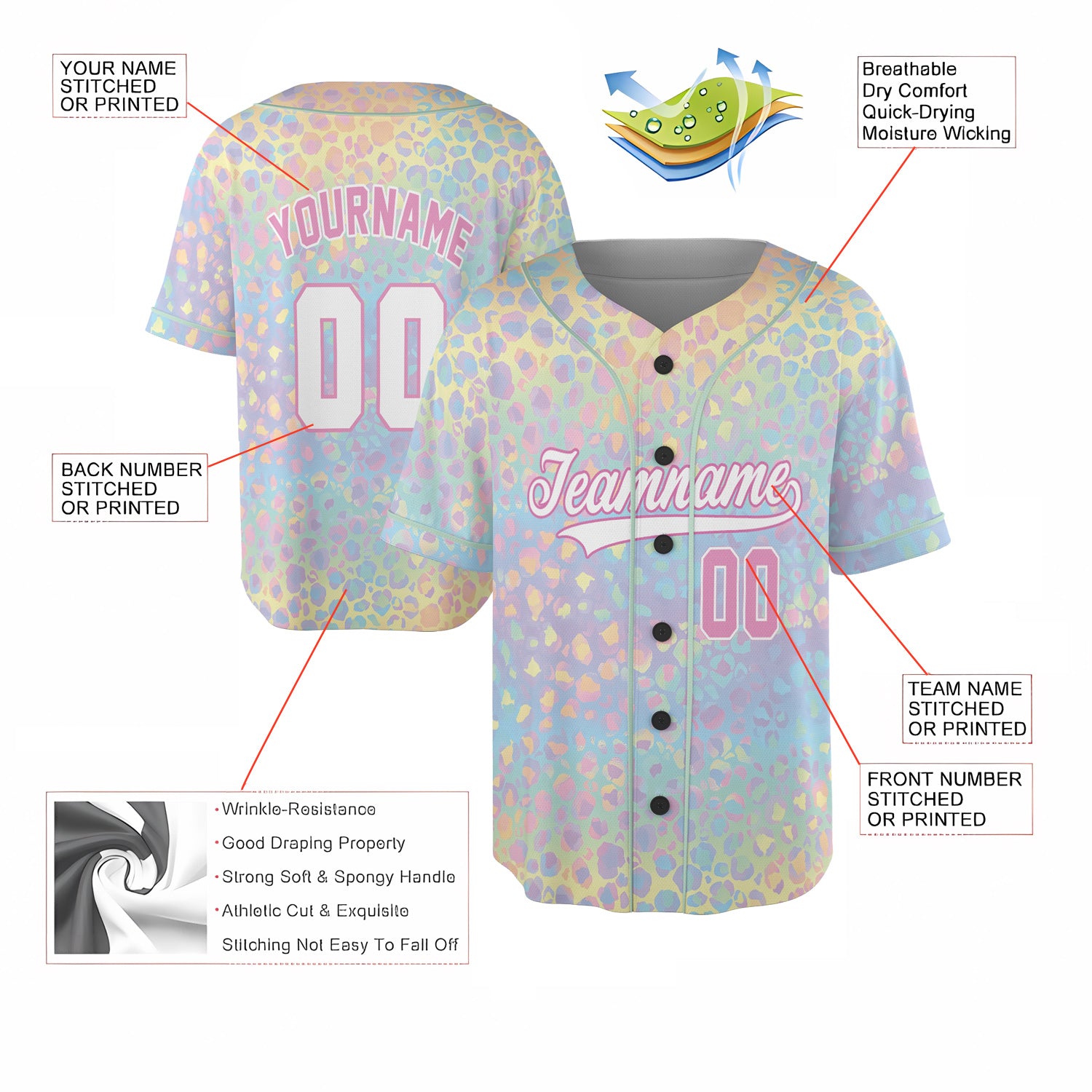Custom Pastel Leopard Baseball Jersey – Rainbow Wildheart Edition