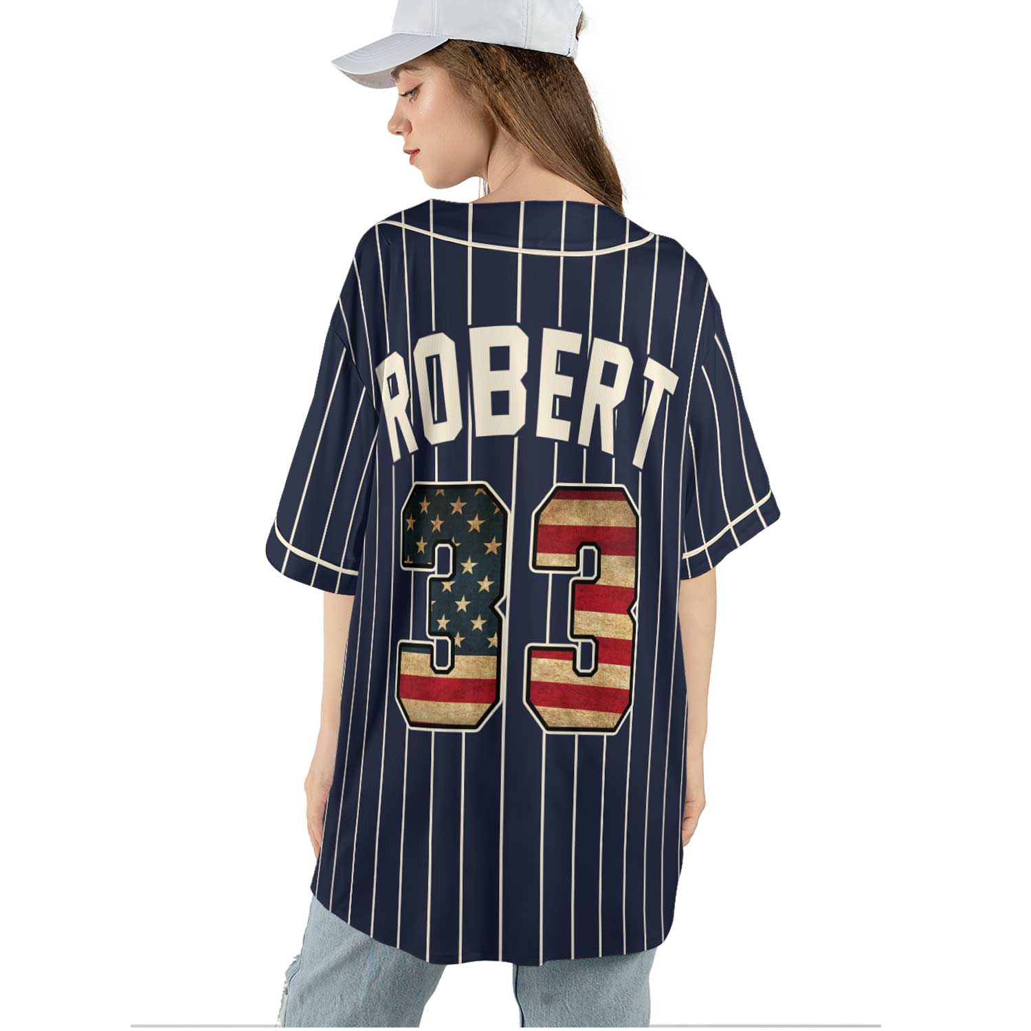Personalized Navy Pinstripe Baseball Jersey – Vintage Style with USA Flag Number & Custom Name